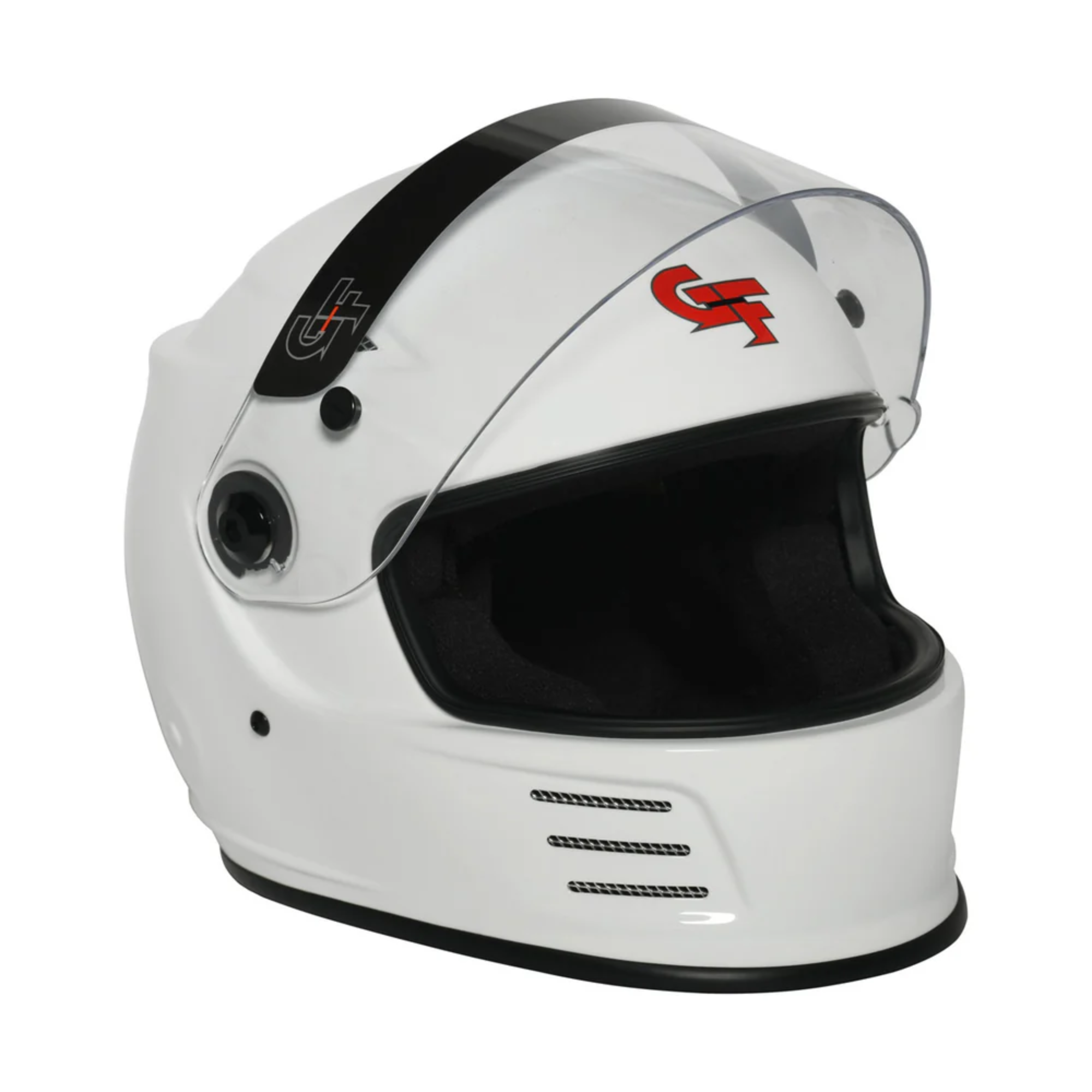 The white G-Force Revo SA2020 Helmet from G-Force with the visor open.