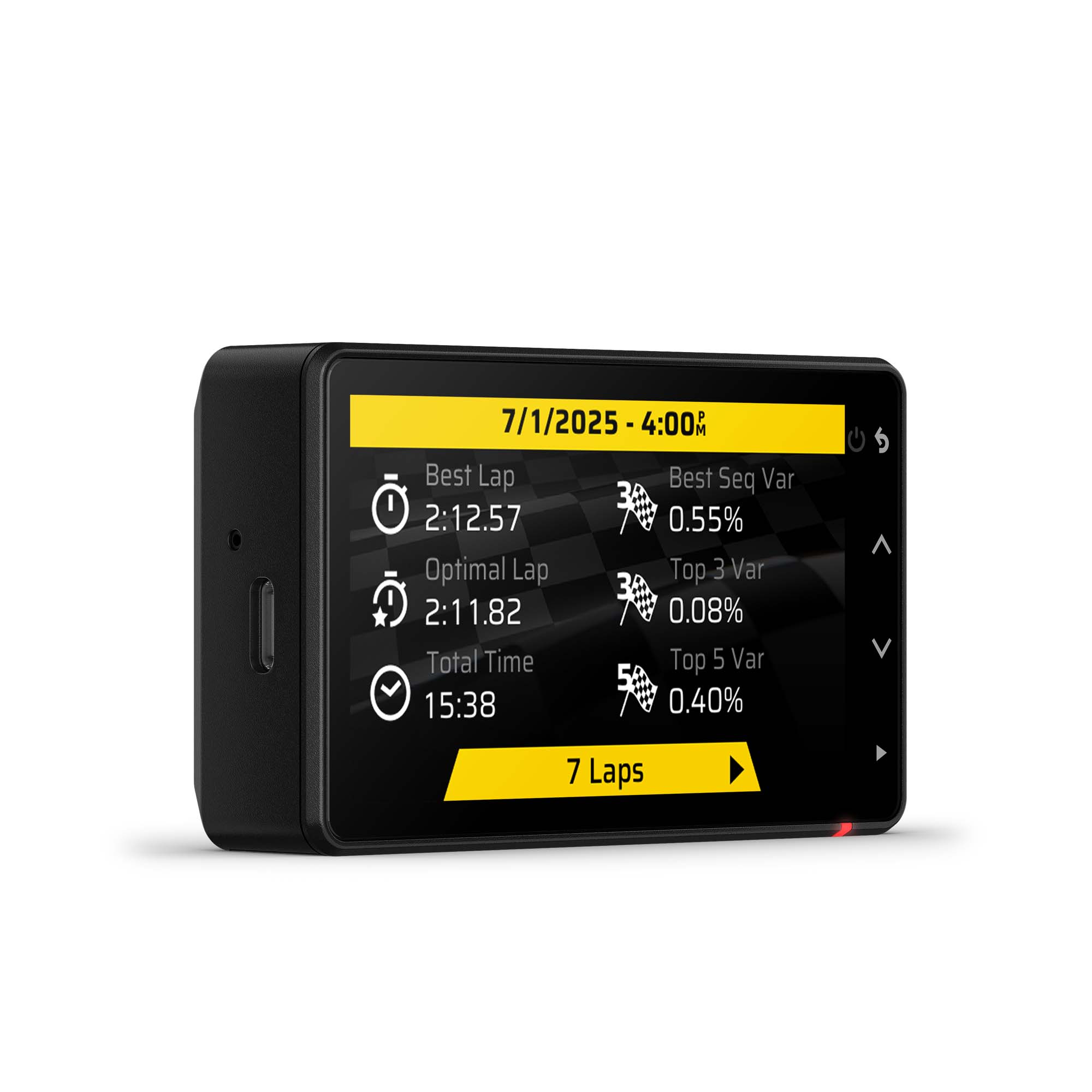 The Garmin Catalyst 2 Driving Performance Optimizer in lap mode, showing your best laps, sequences and total time.