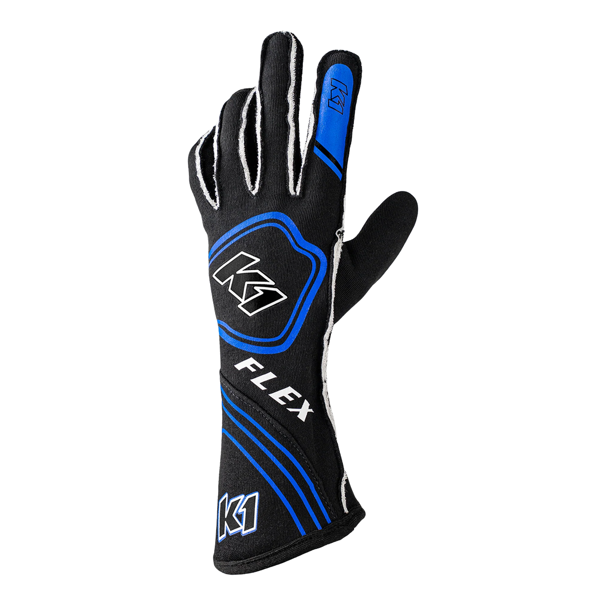 The back of the black and blue SFI 3.3/5 homologated K1 RaceGear Flex Nomex Racing Gloves.