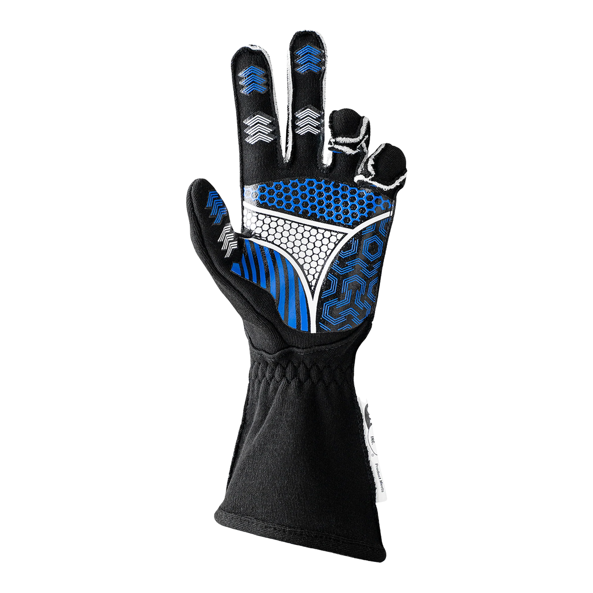 The palm of the black and blue SFI 3.3/5 homologated K1 RaceGear Flex Nomex Racing Gloves.