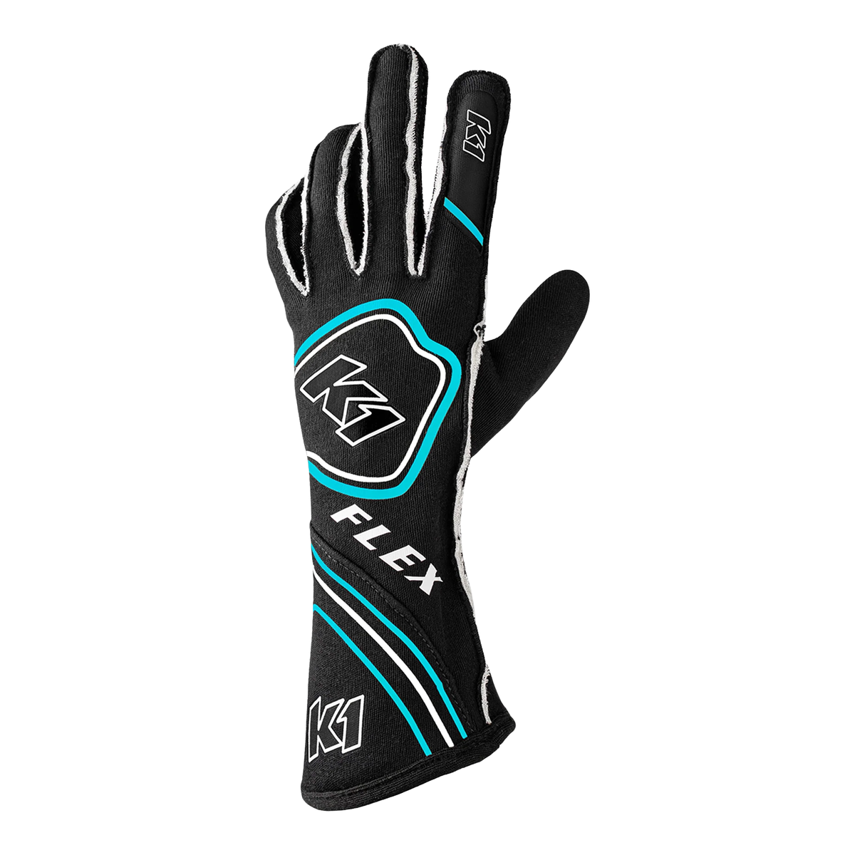 The back of the black and flo blue SFI 3.3/5 homologated K1 RaceGear Flex Nomex Racing Gloves.