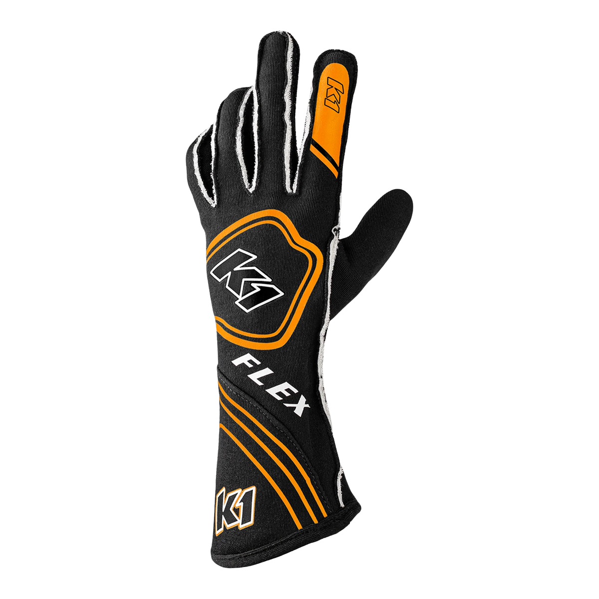 The back of the black and flo orange SFI 3.3/5 homologated K1 RaceGear Flex Nomex Racing Gloves.