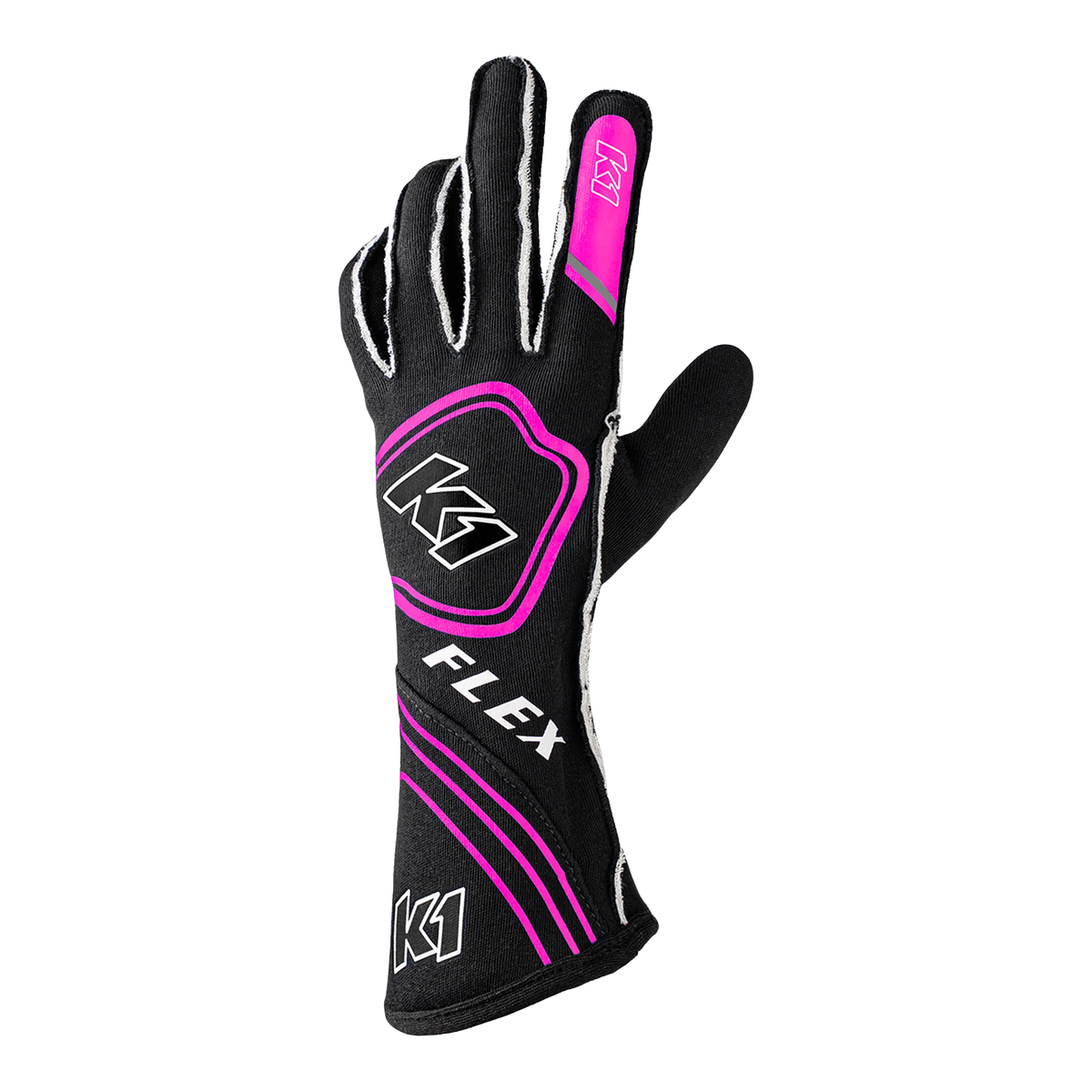 The back of the black and flo pink SFI 3.3/5 homologated K1 RaceGear Flex Nomex Racing Gloves.