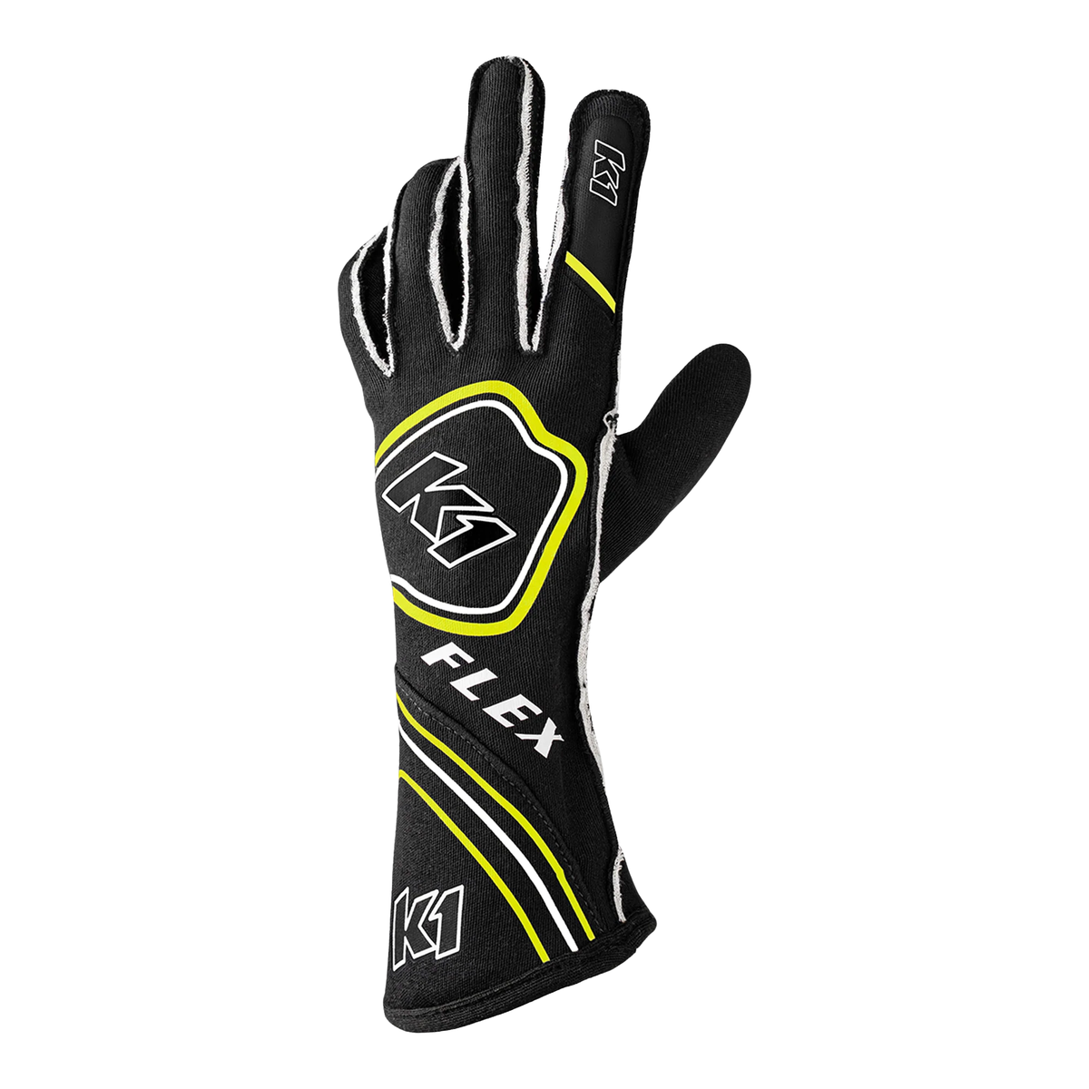 The back of the black and flo yellow SFI 3.3/5 homologated K1 RaceGear Flex Nomex Racing Gloves.