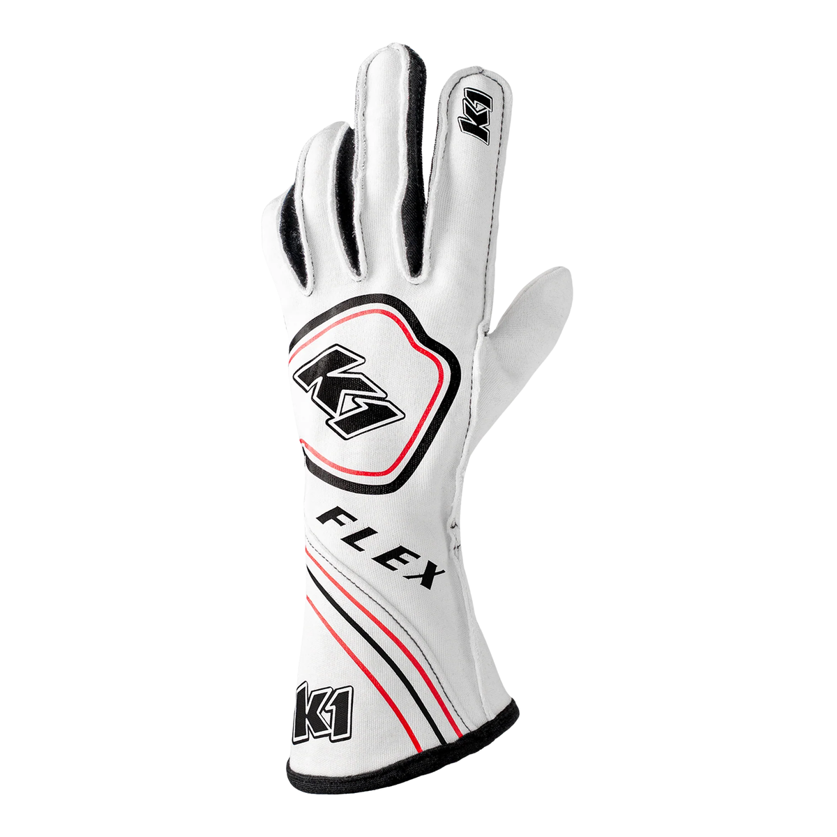The back of the white SFI 3.3/5 homologated K1 RaceGear Flex Nomex Racing Gloves.