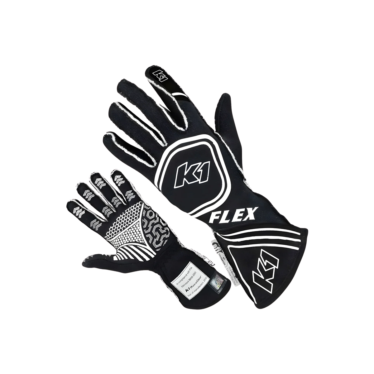 The black and white SFI 3.3/5 homologated K1 RaceGear Flex Youth Nomex Racing Gloves.