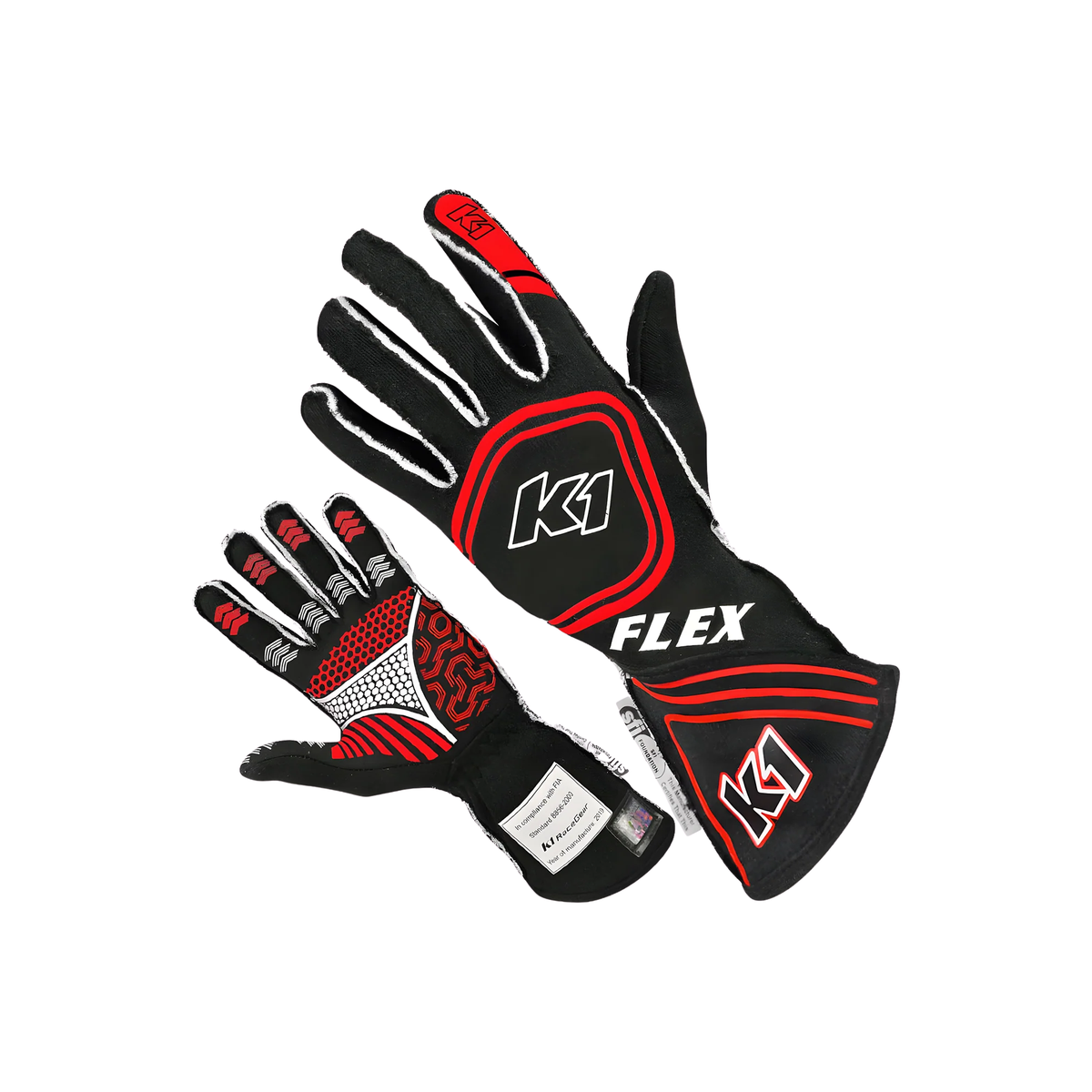 The red SFI 3.3/5 homologated K1 RaceGear Flex Youth Nomex Racing Gloves.
