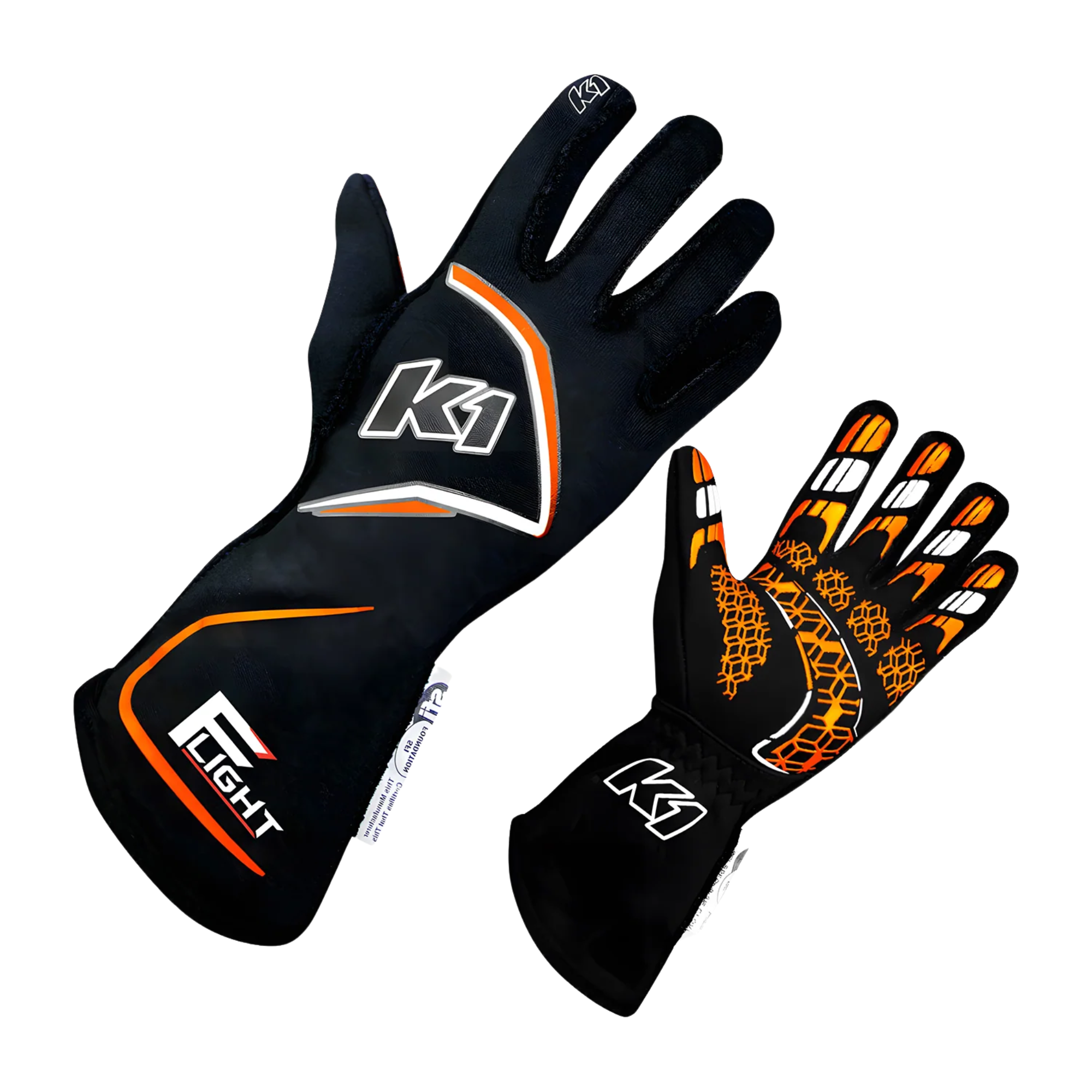 The black and flo orange K1 RaceGear Flight Nomex Racing Gloves.