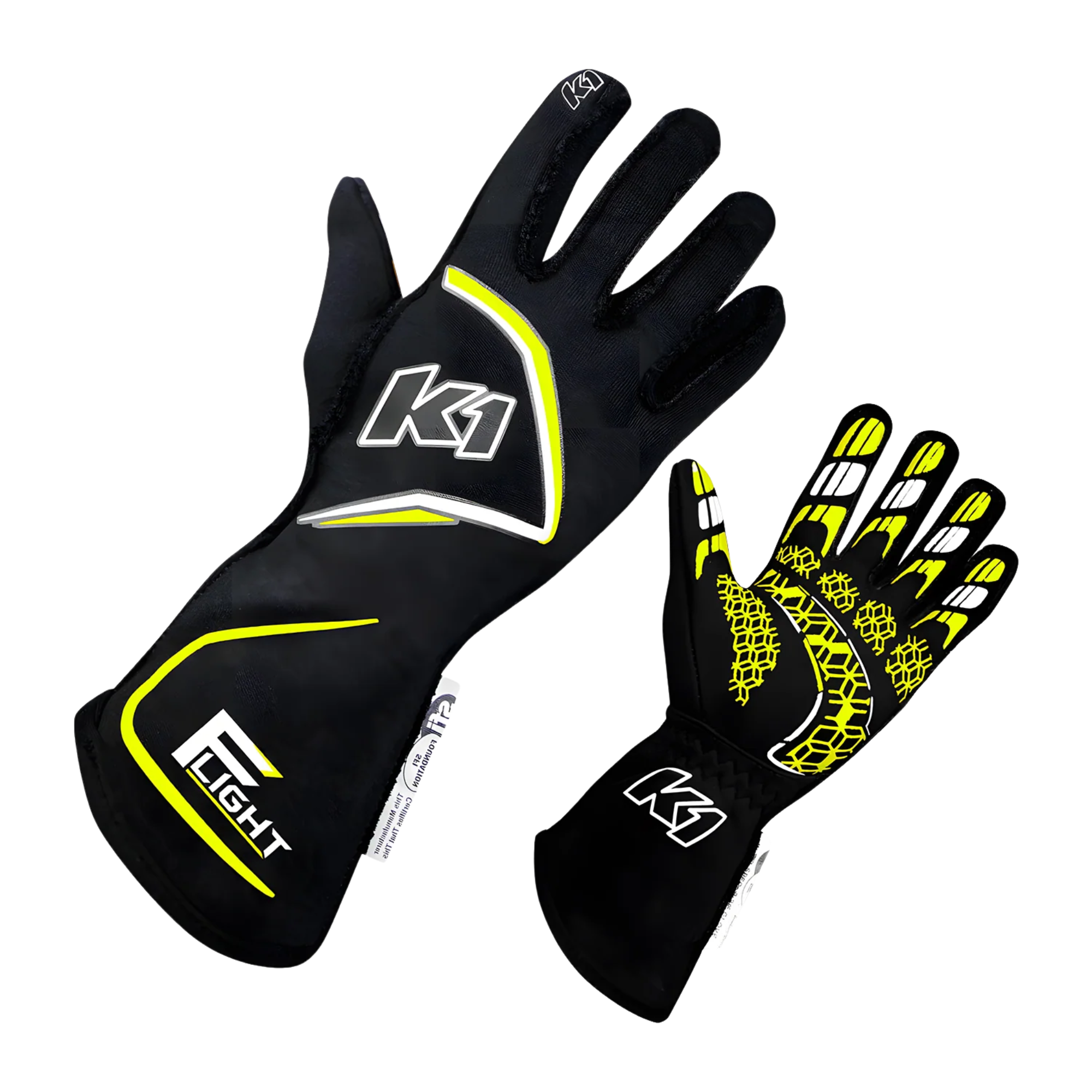 The black and flo yellow K1 RaceGear Flight Nomex Racing Gloves.
