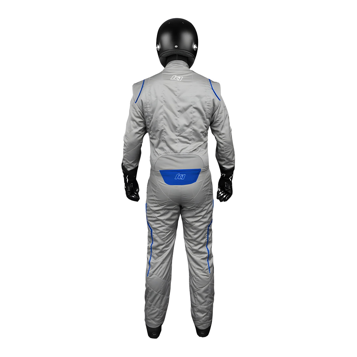 The back of the gray and blue SFI 3.2A/5 homologated K1 RaceGear GT-2 SFI Racing Suit.