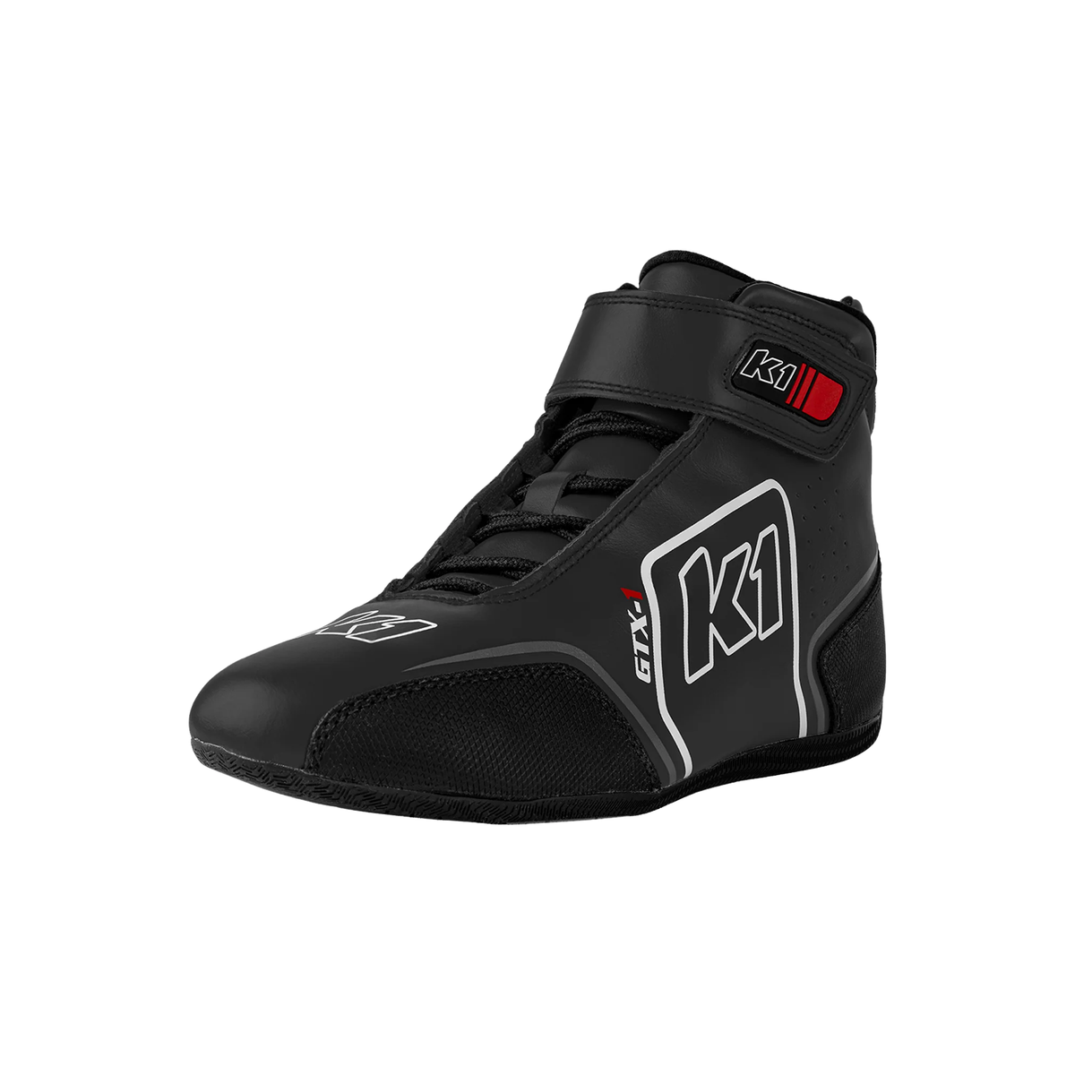 The black SFI 3.3/5 homologated K1 RaceGear GTX Nomex Racing Shoes close up.
