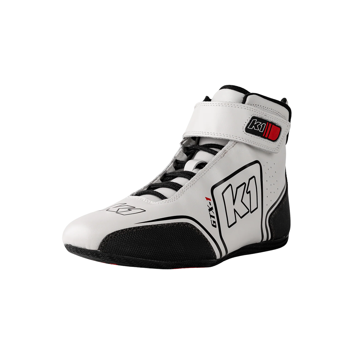 The white SFI 3.3/5 homologated K1 RaceGear GTX Nomex Racing Shoes close up.