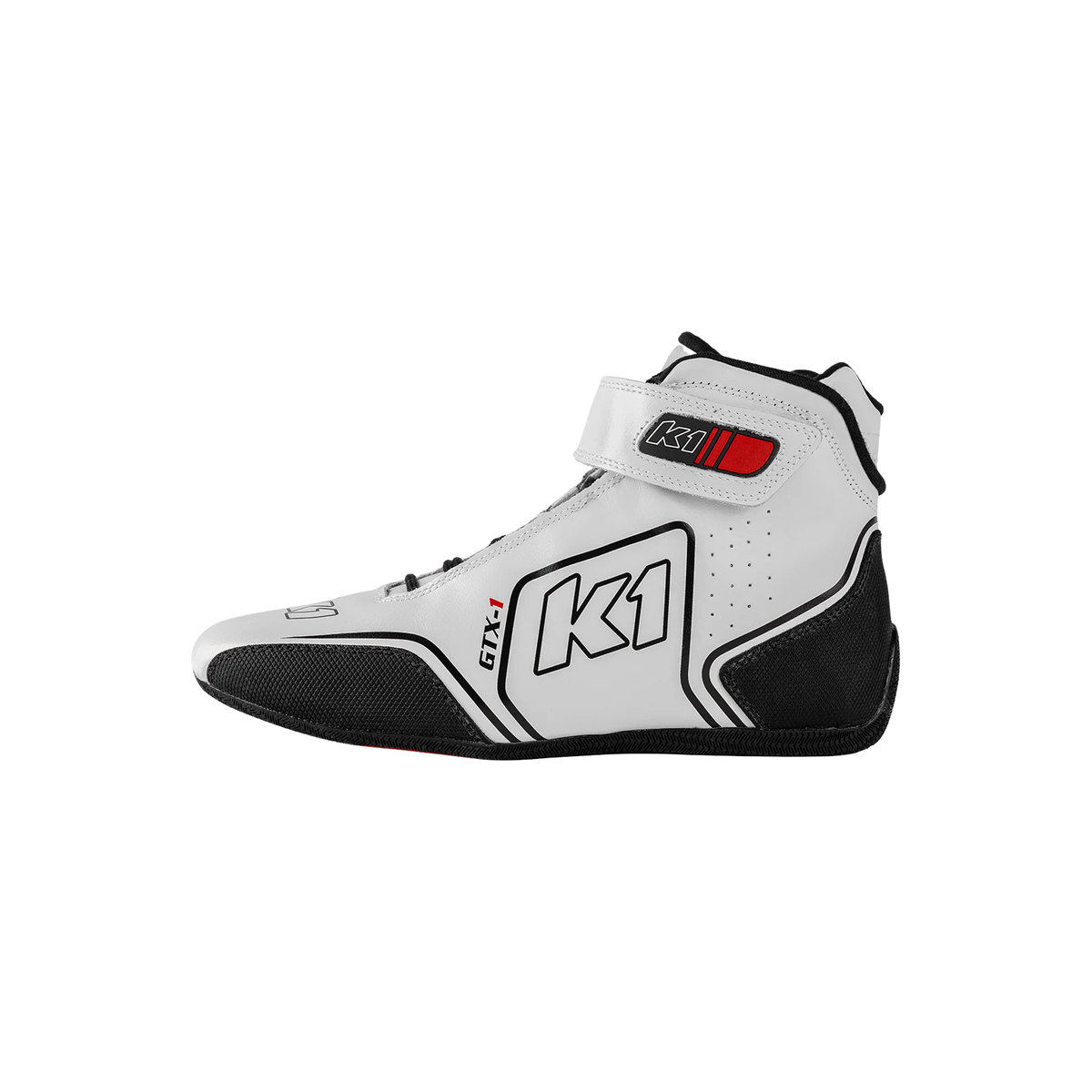 The white SFI 3.3/5 homologated K1 RaceGear GTX Nomex Racing Shoes.