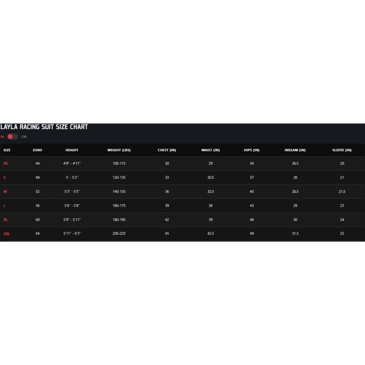 The Layla Racing Suit from K1 RaceGear size chart available at Everyday Motorsports.