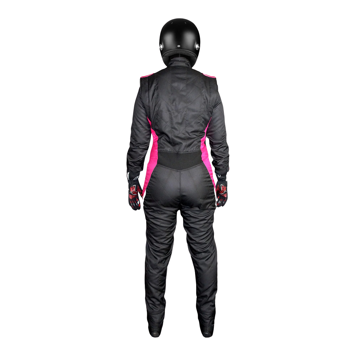 The back of the black and pink SFI 3.2A/5 homologated K1 RaceGear Layla SFI Women's Racing Suit.