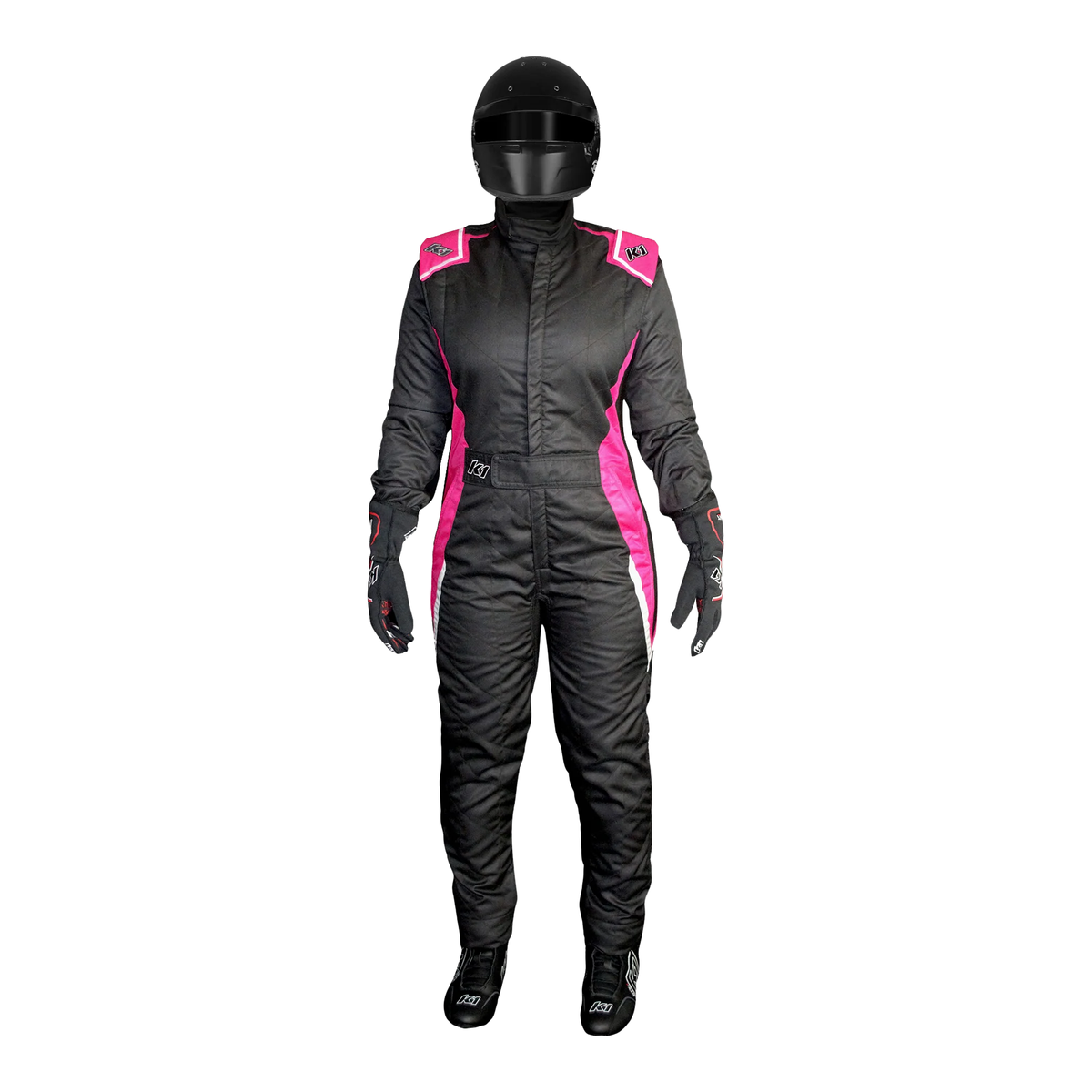 The front of the black and pink SFI 3.2A/5 homologated K1 RaceGear Layla SFI Women's Racing Suit.