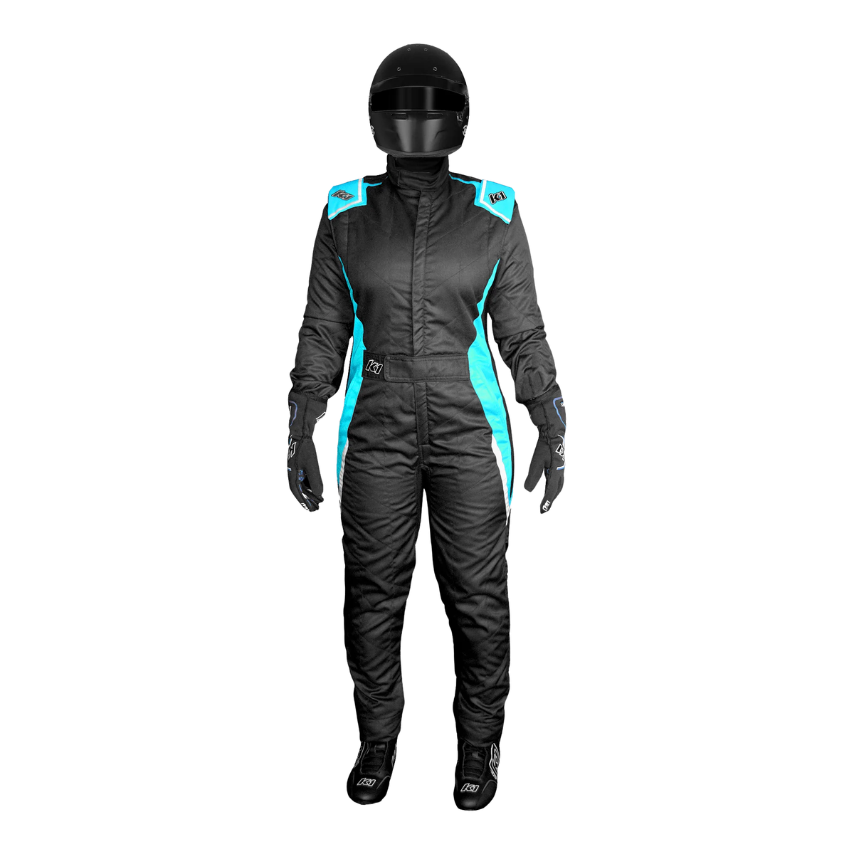 The front of the black and teal SFI 3.2A/5 homologated K1 RaceGear Layla SFI Women's Racing Suit.