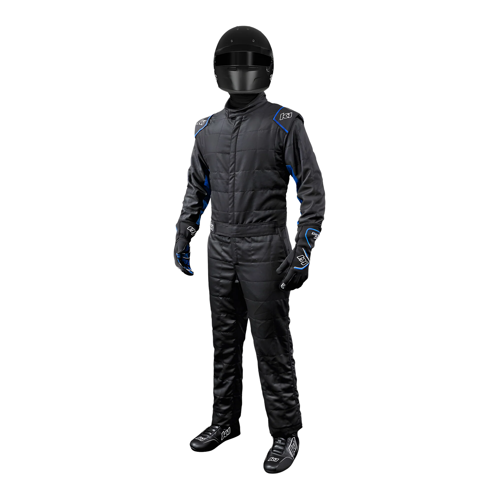 The front of the black and blue K1 RaceGear Outlaw One-Piece Racing Suit.