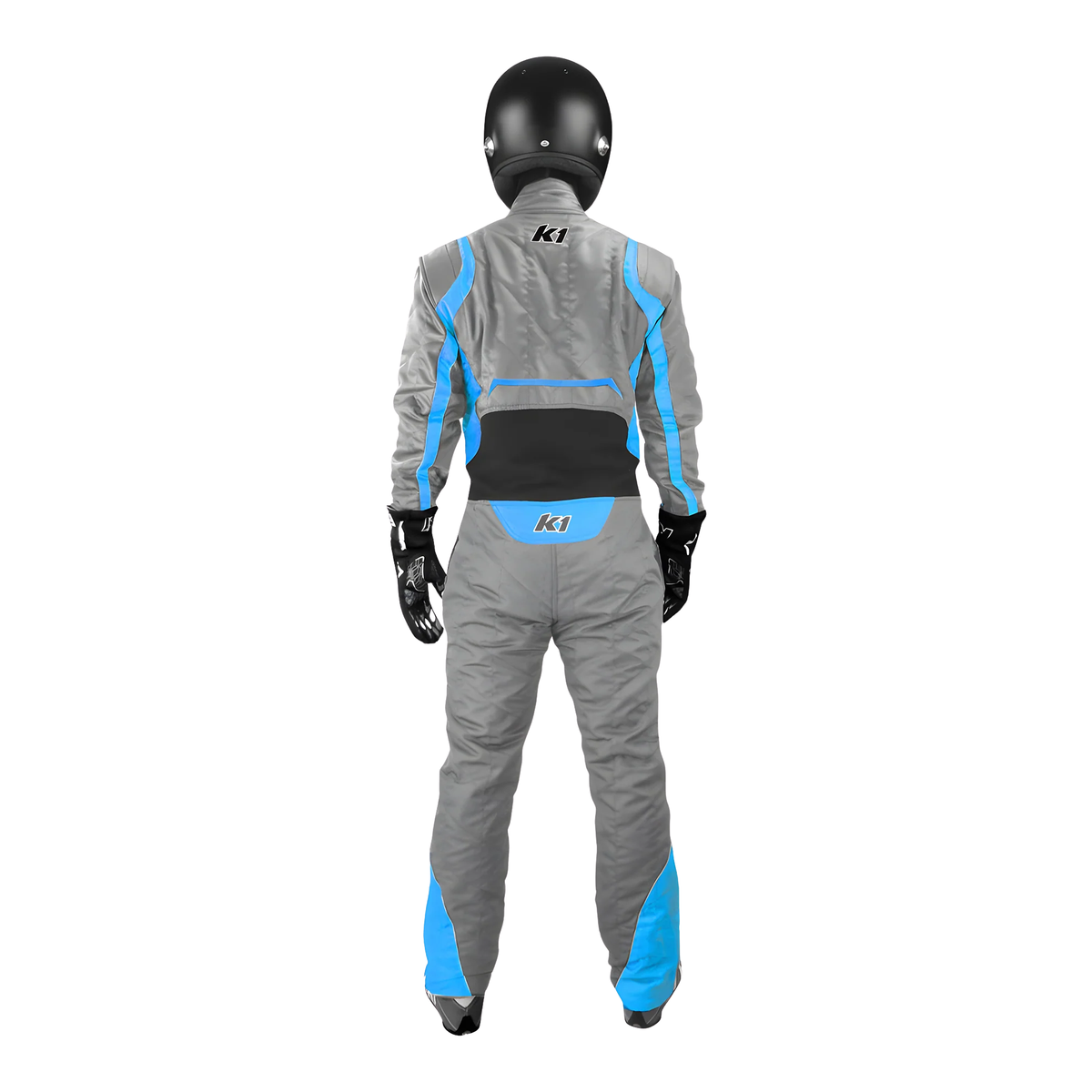 The back of the gray and blue SFI 3.2A/5 homologated K1 RaceGear Precision II SFI Racing Suit.