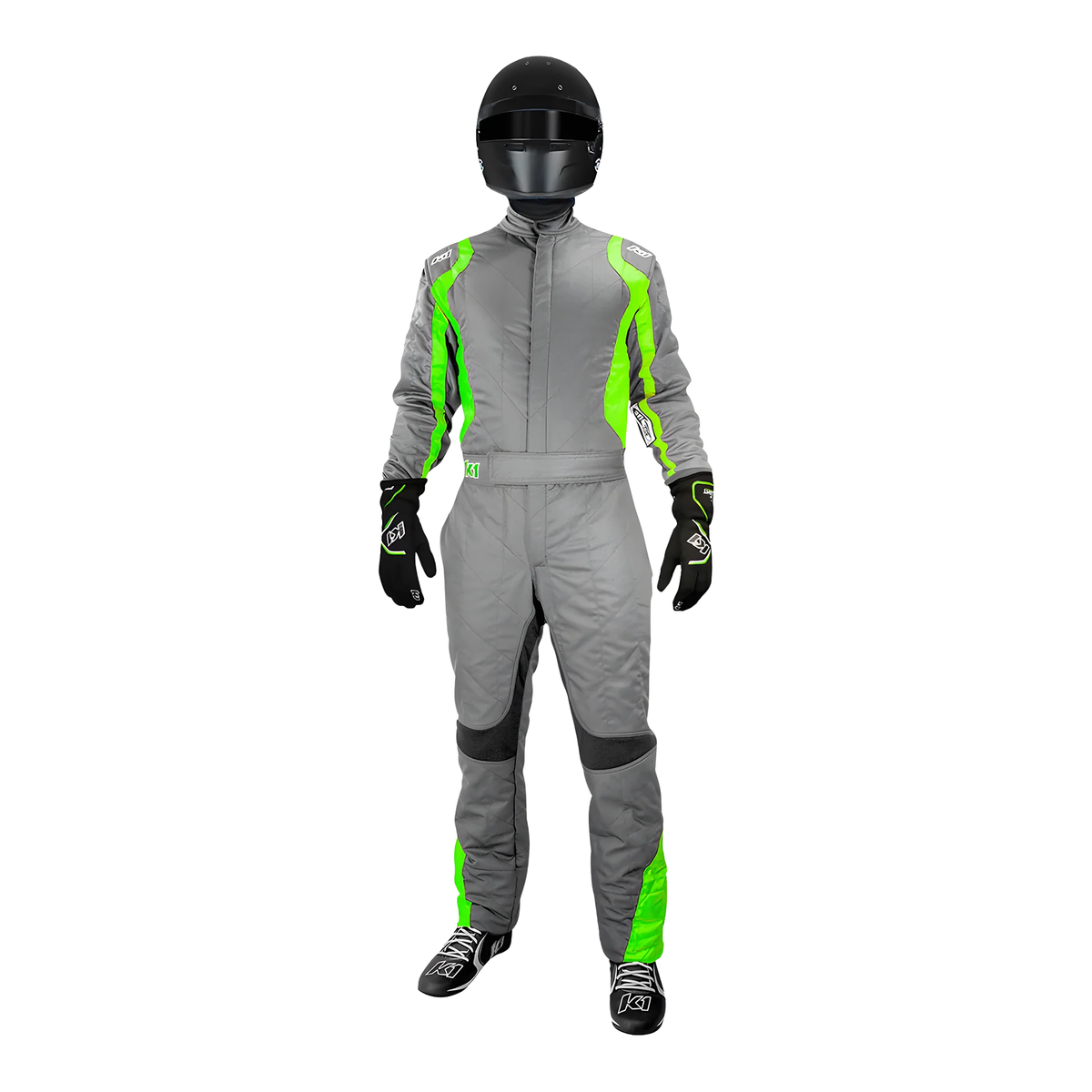 The front of the gray and green SFI 3.2A/5 homologated K1 RaceGear Precision II SFI Racing Suit.