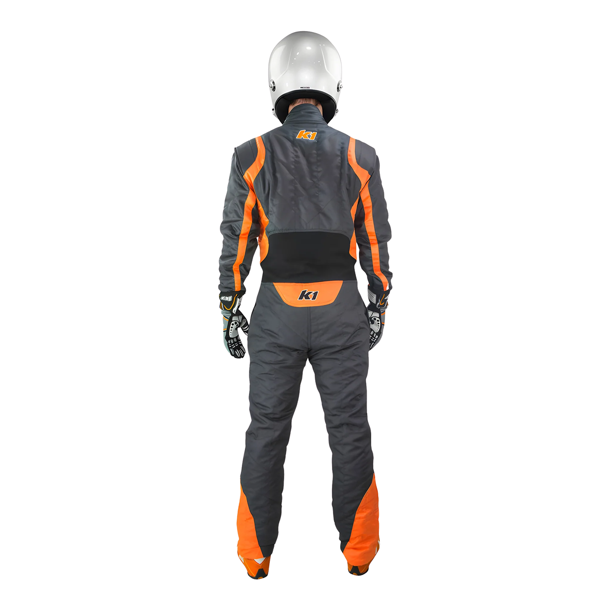 The back of the orange SFI 3.2A/5 homologated K1 RaceGear Precision II SFI Racing Suit.