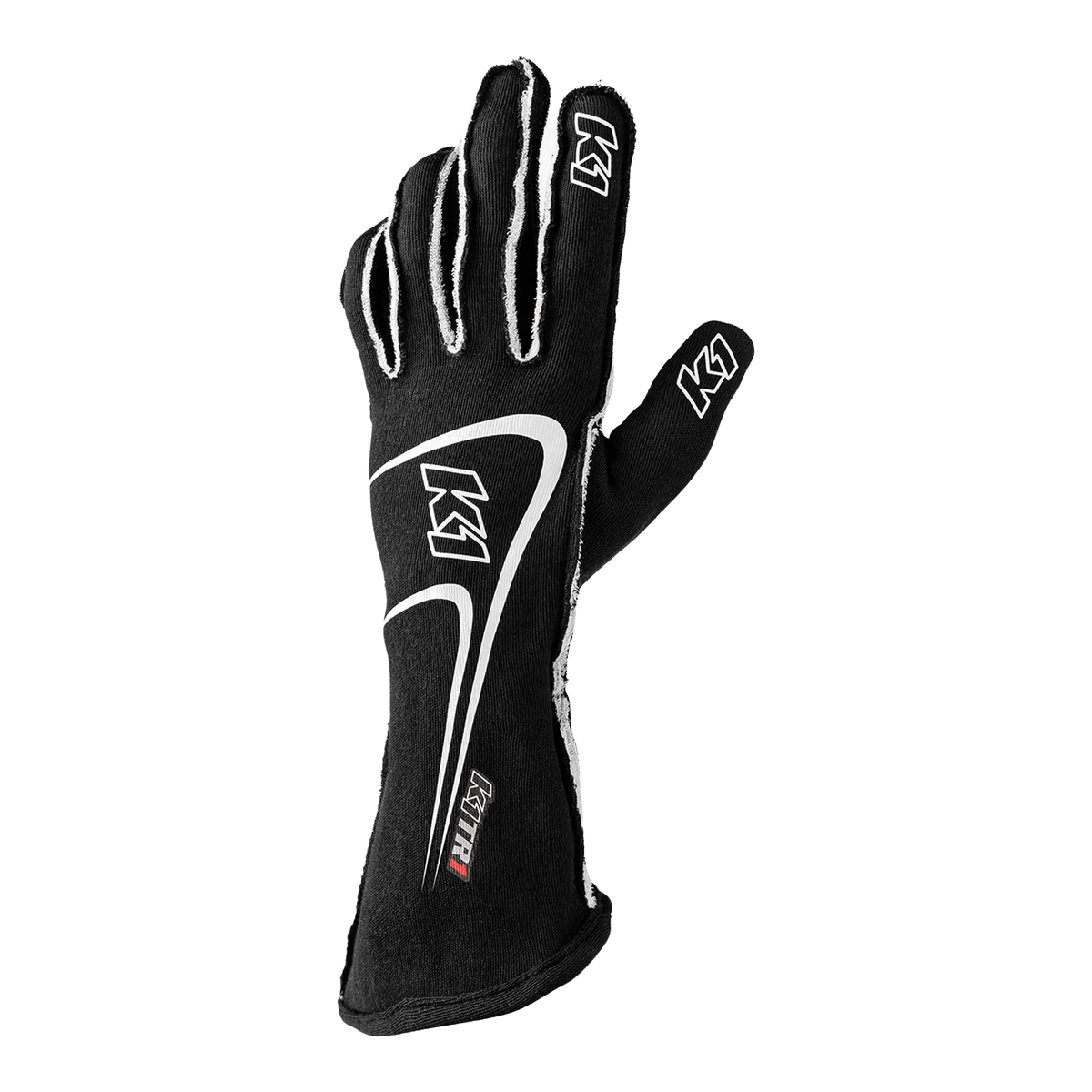 The back of the black SFI 3.3/5 homologated K1 RaceGear Track 1 Nomex Racing Gloves.