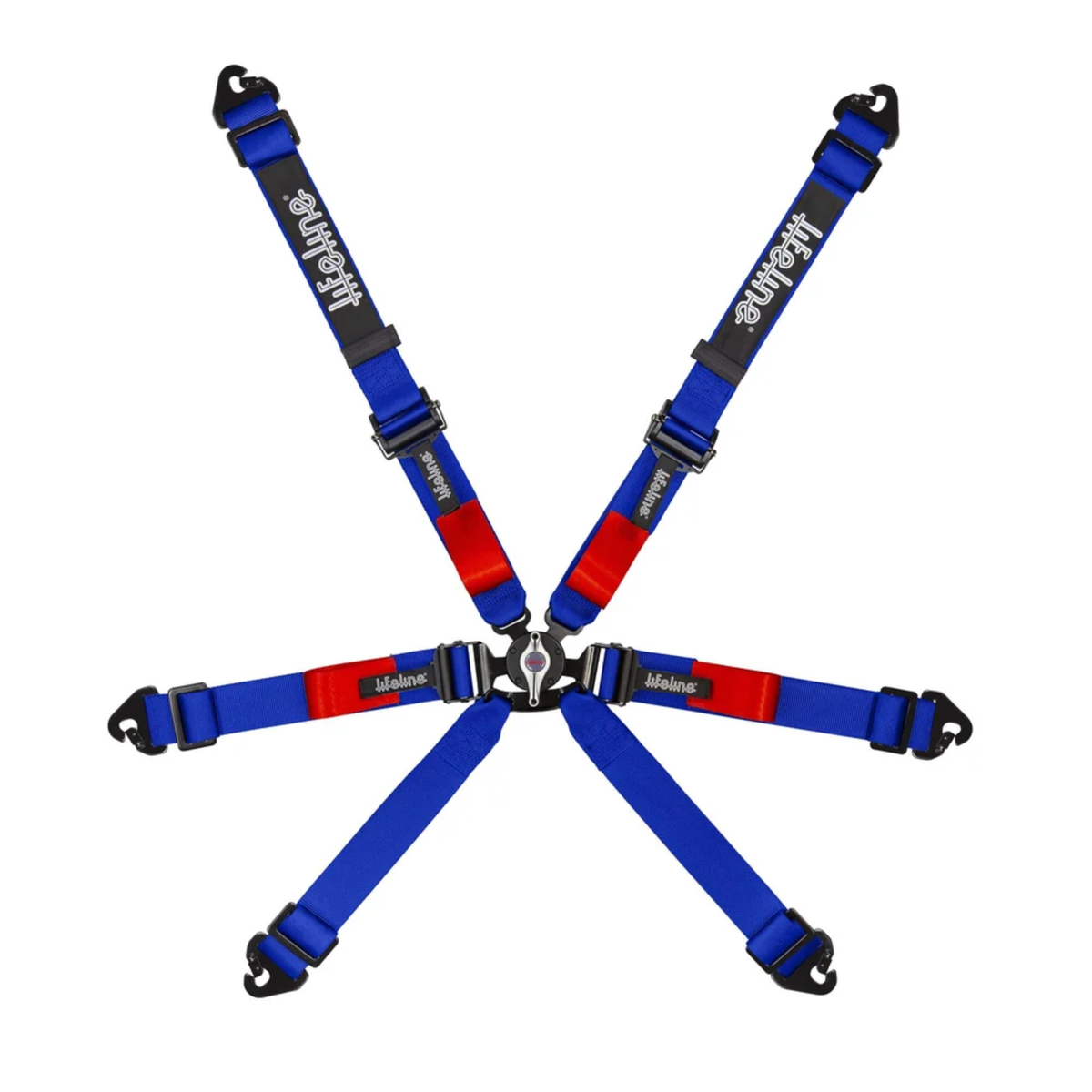 The blue FIA 8853-2016 homologated Lifeline Copse Racing Harness.
