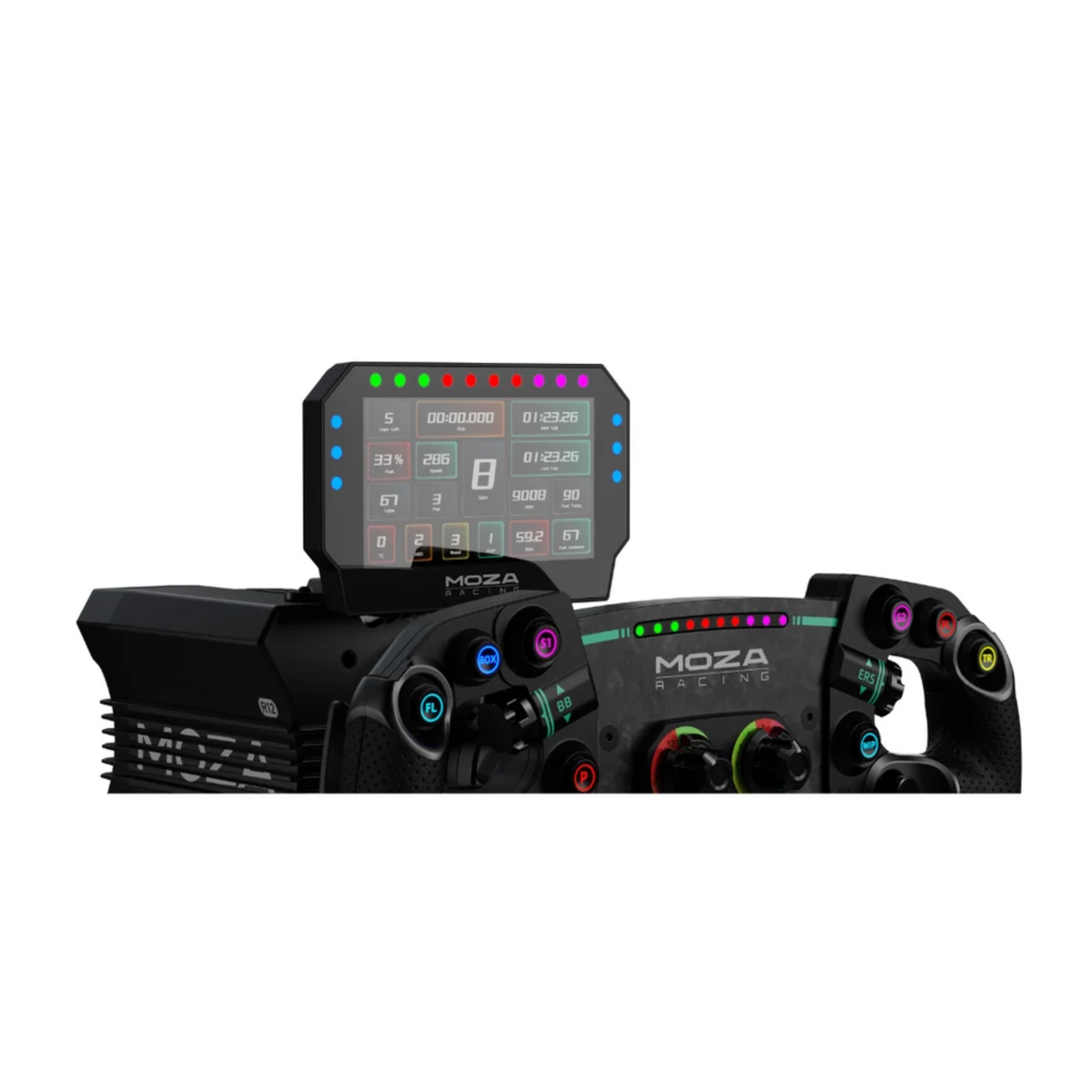 The Moza Racing CM2 Dash on a sim racing wheel base.
