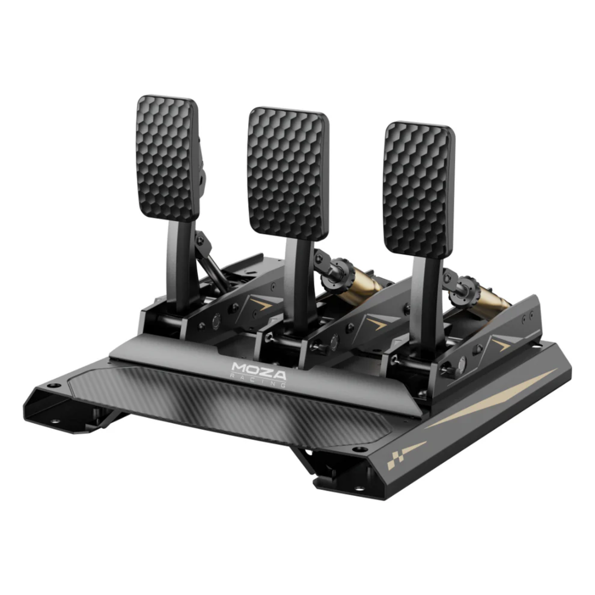 The three pedal set Moza Racing CRP2 Load Cell Pedals.