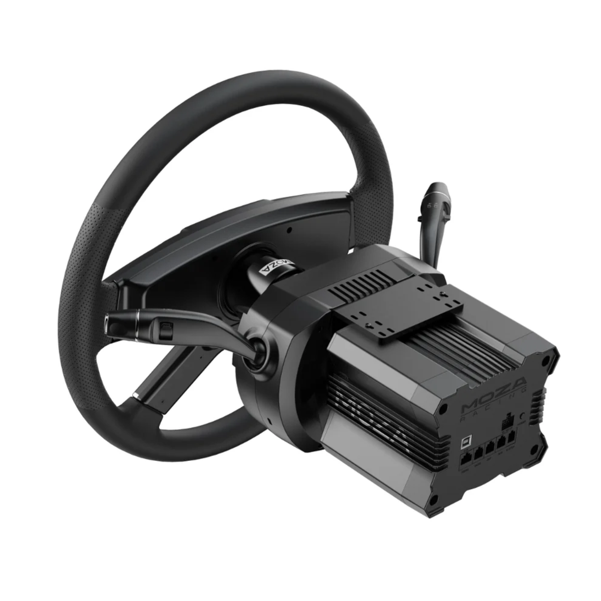 The Moza Racing Multi-Function Stalks with a sim racing steering wheel shown at an angle.