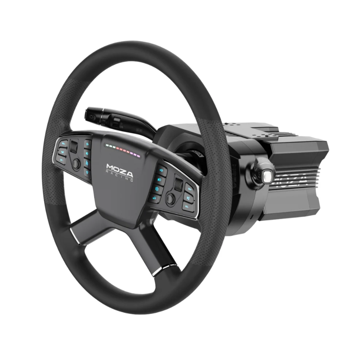 The Moza Racing Multi-Function Stalks with a sim racing steering wheel from the side.