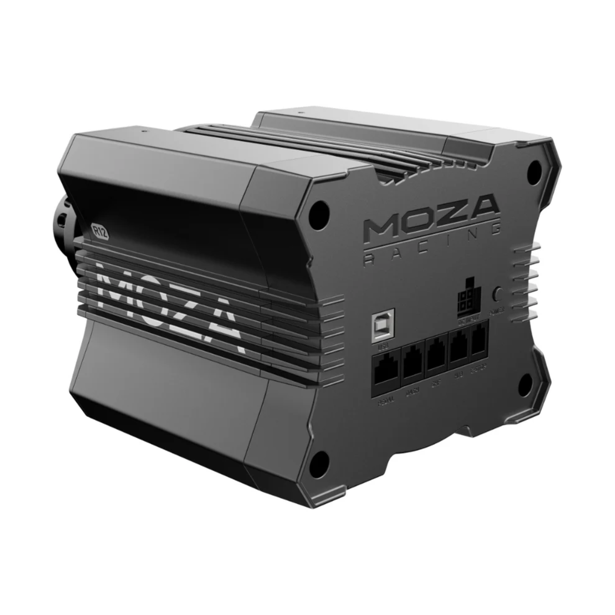 The back of the Moza Racing R12 V2 Direct Drive Wheel Base showing the connections.