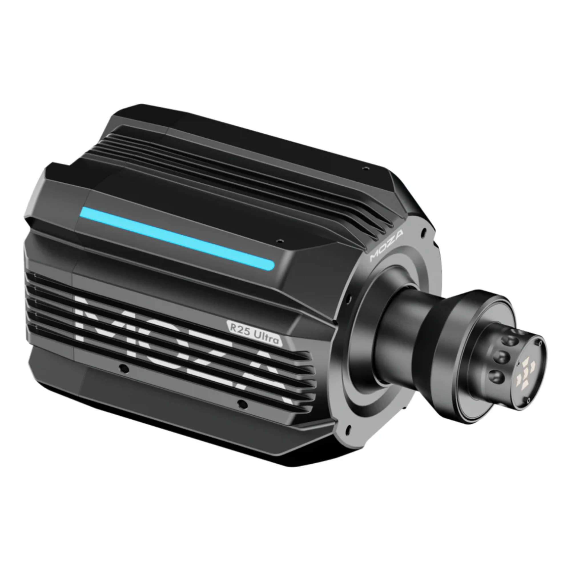 The Moza Racing R25 Ultra Direct Drive Base at an angle.