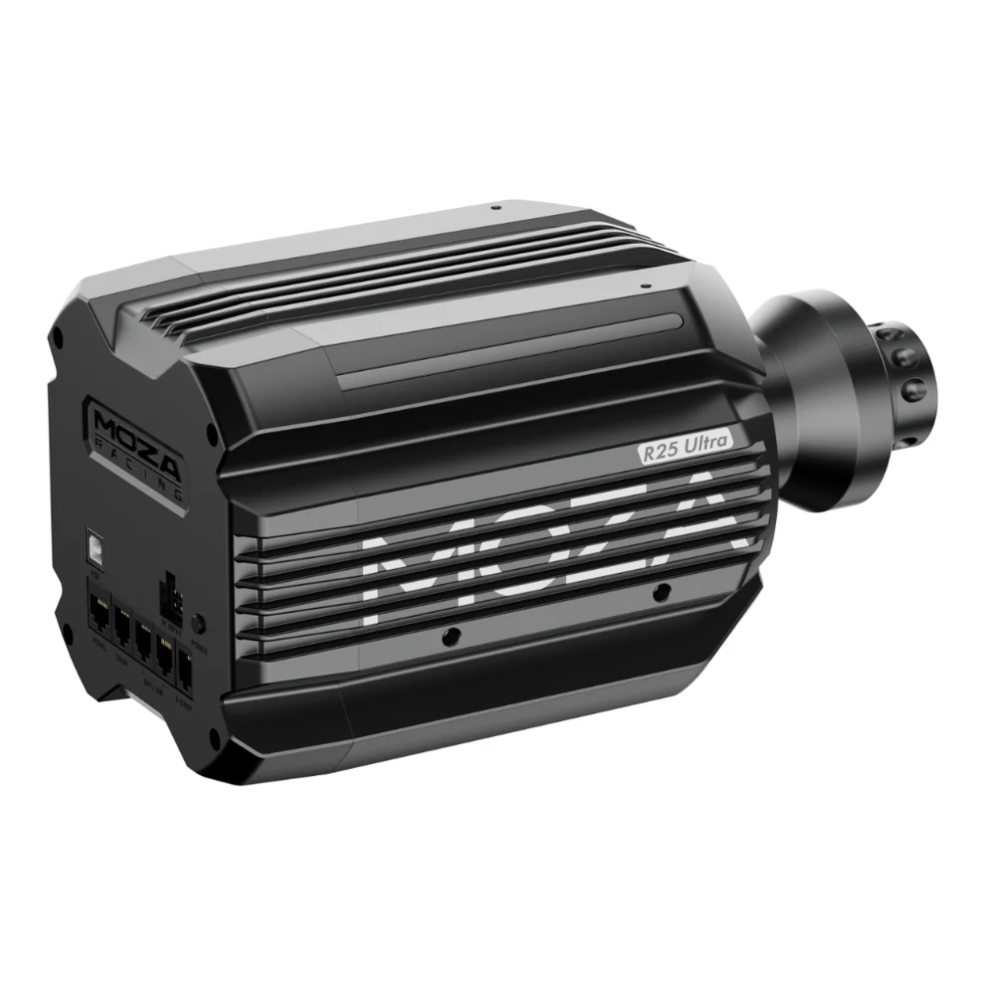 The side of the Moza Racing R25 Ultra Direct Drive Base.