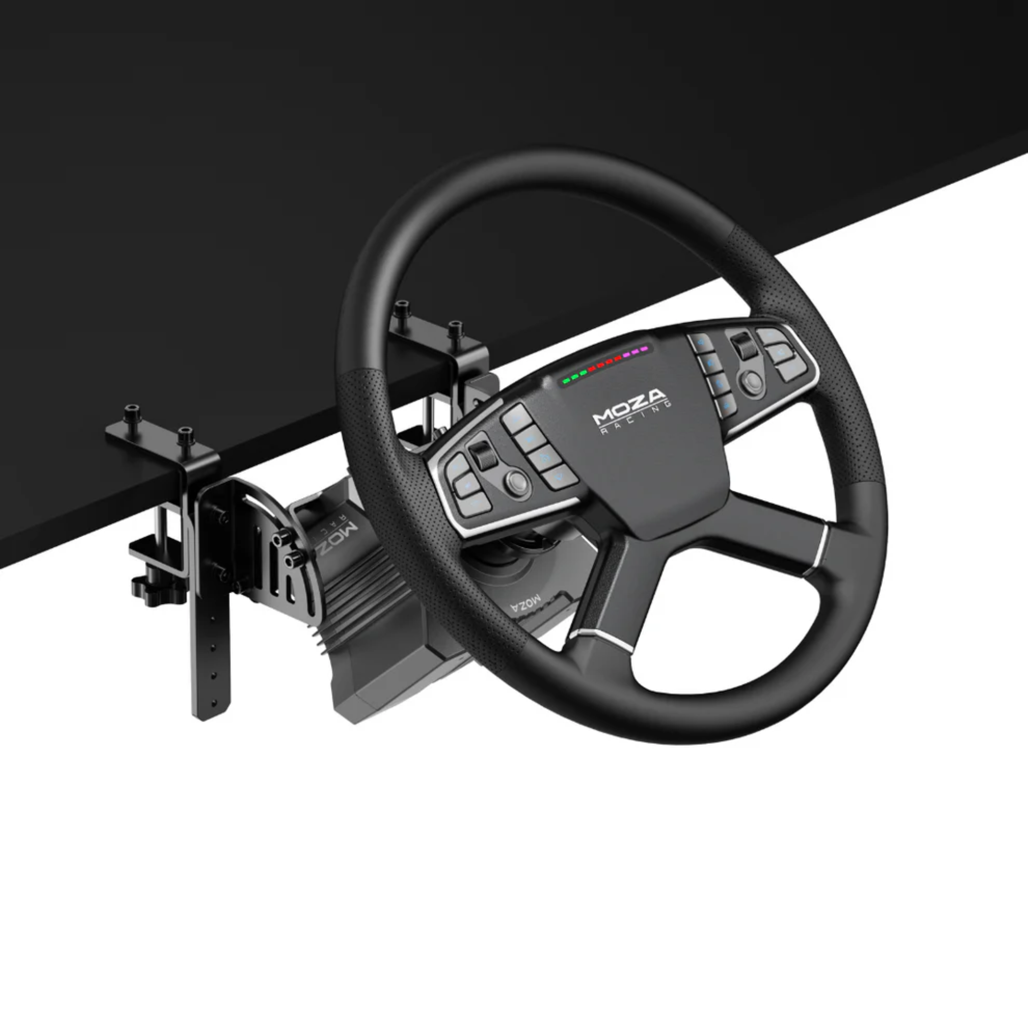 The steering wheel from the Moza Racing R5 Truck Driving Bundle mounted on a desk.