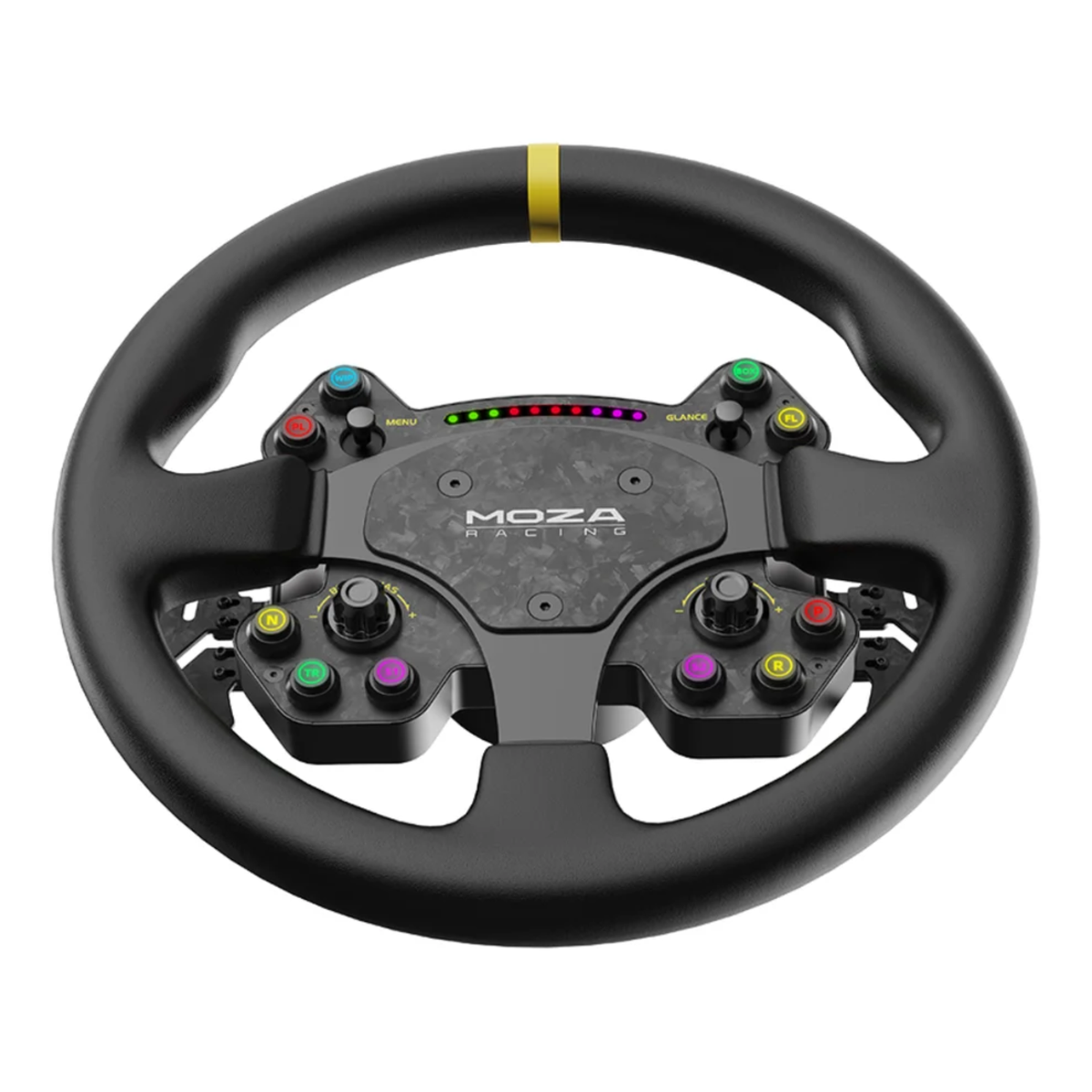 The MOZA Racing RS V2 Steering Wheel from an angle showing the bottom of the sim racing wheel.