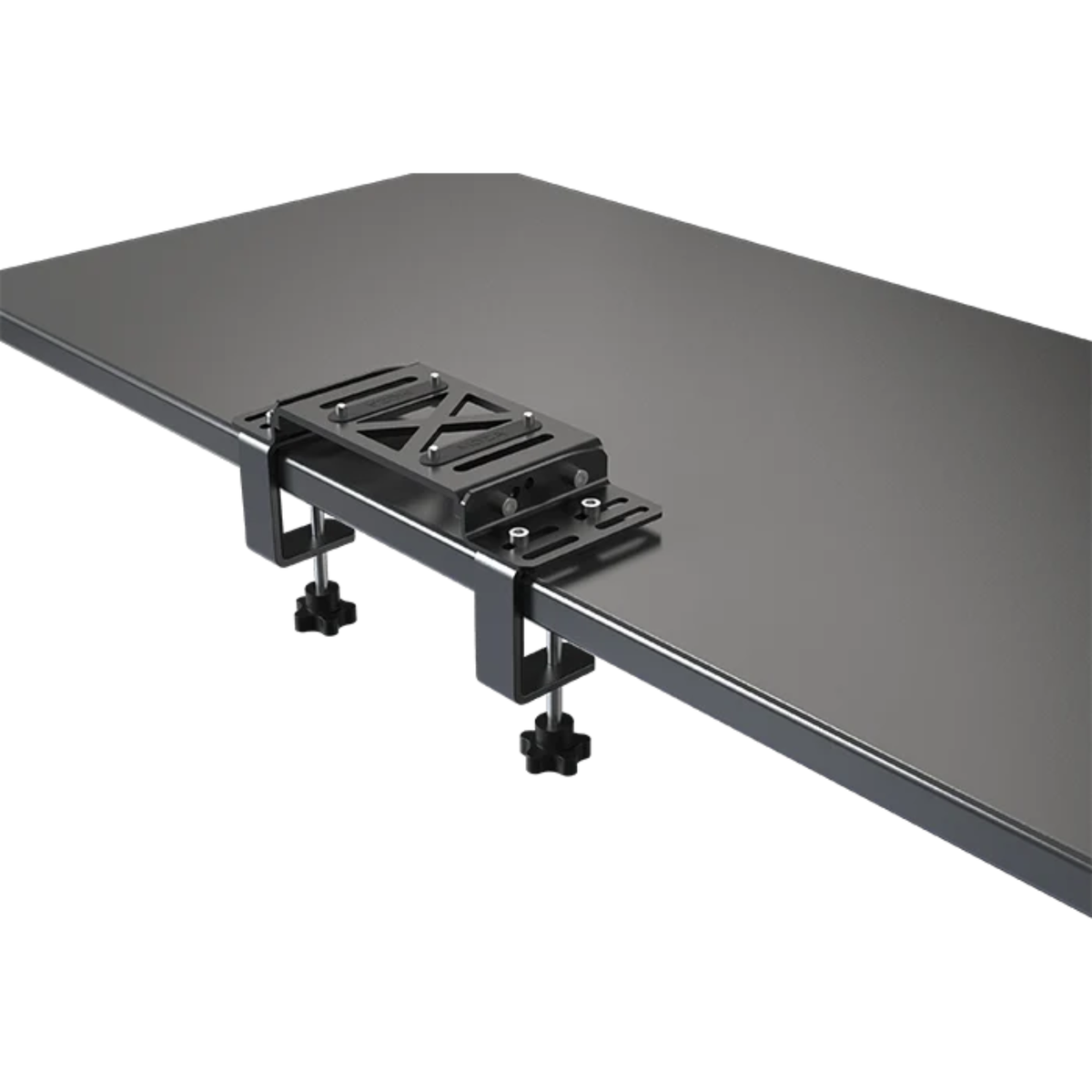 The MOZA Racing Table Clamp Mounting Bracket on a gaming table.