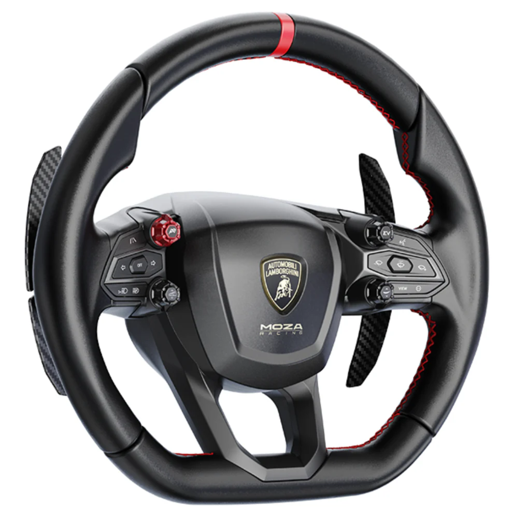 The Moza Racing x Automobili Lamborghini Revuelto Steering Wheel from an angle.