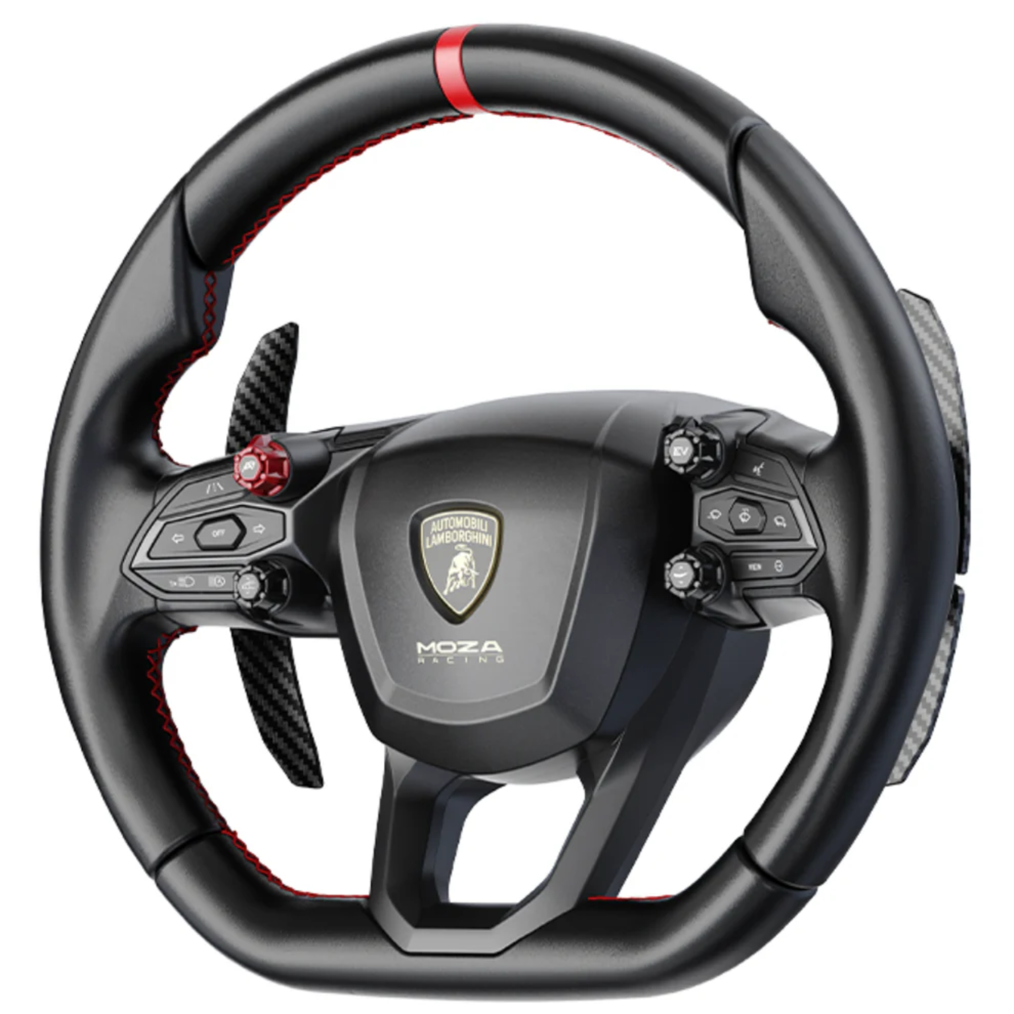 The Moza Racing x Automobili Lamborghini Revuelto Steering Wheel from the side.