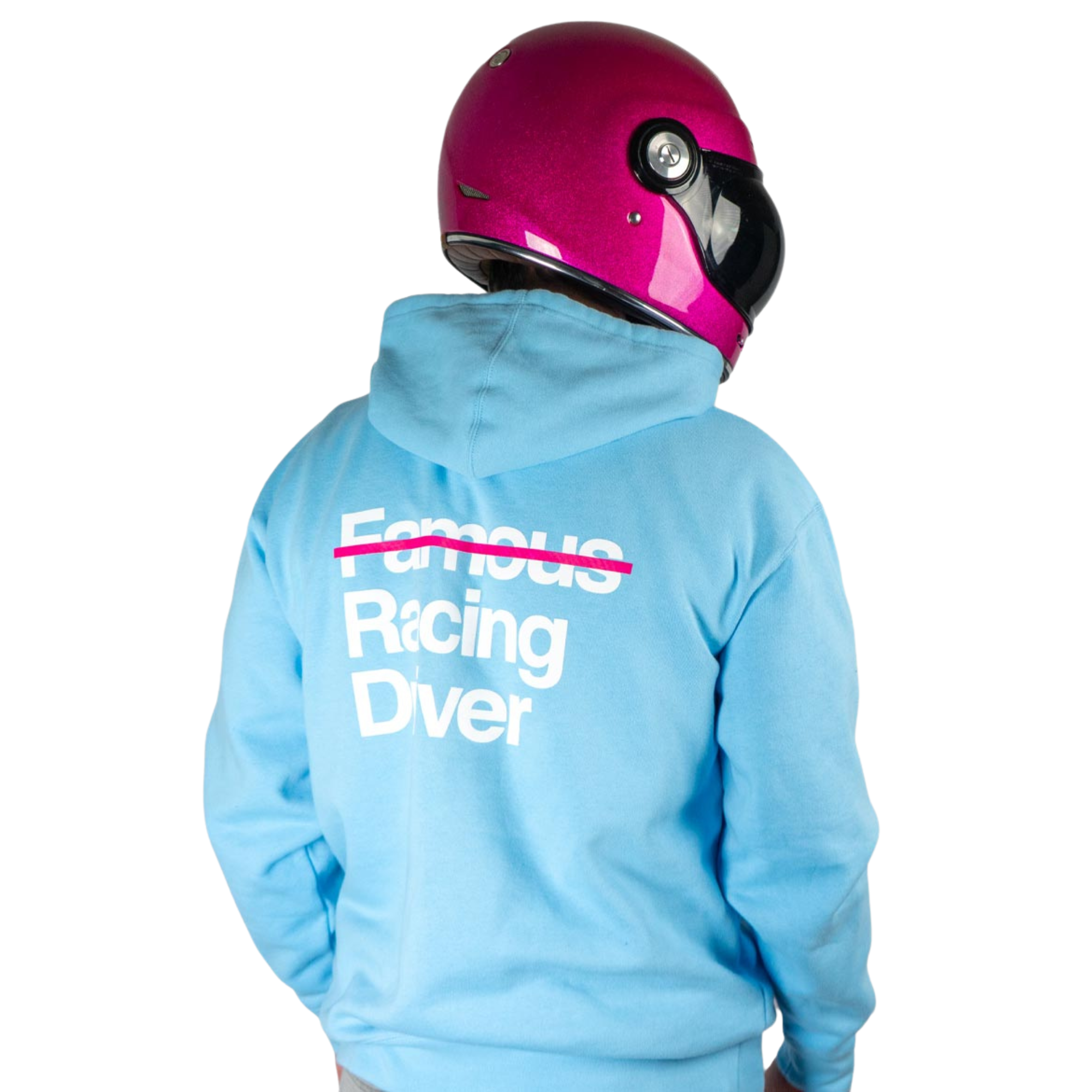 The back of the light blue Not Famous Racing Driver Hoodie from Not Famous Racing Apparel worn by a model.