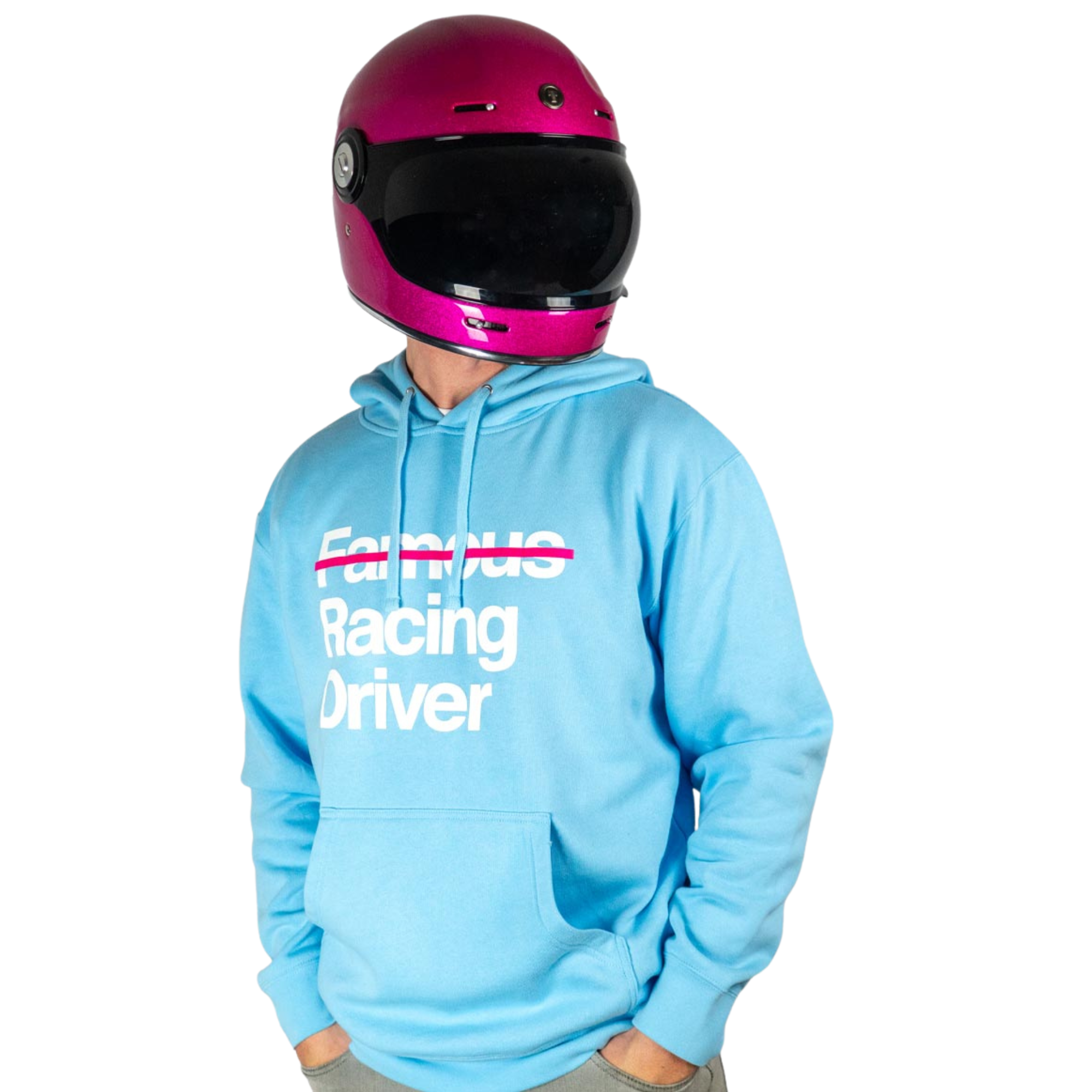 The front of the light blue Not Famous Racing Driver Hoodie from Not Famous Racing Apparel worn by a model.
