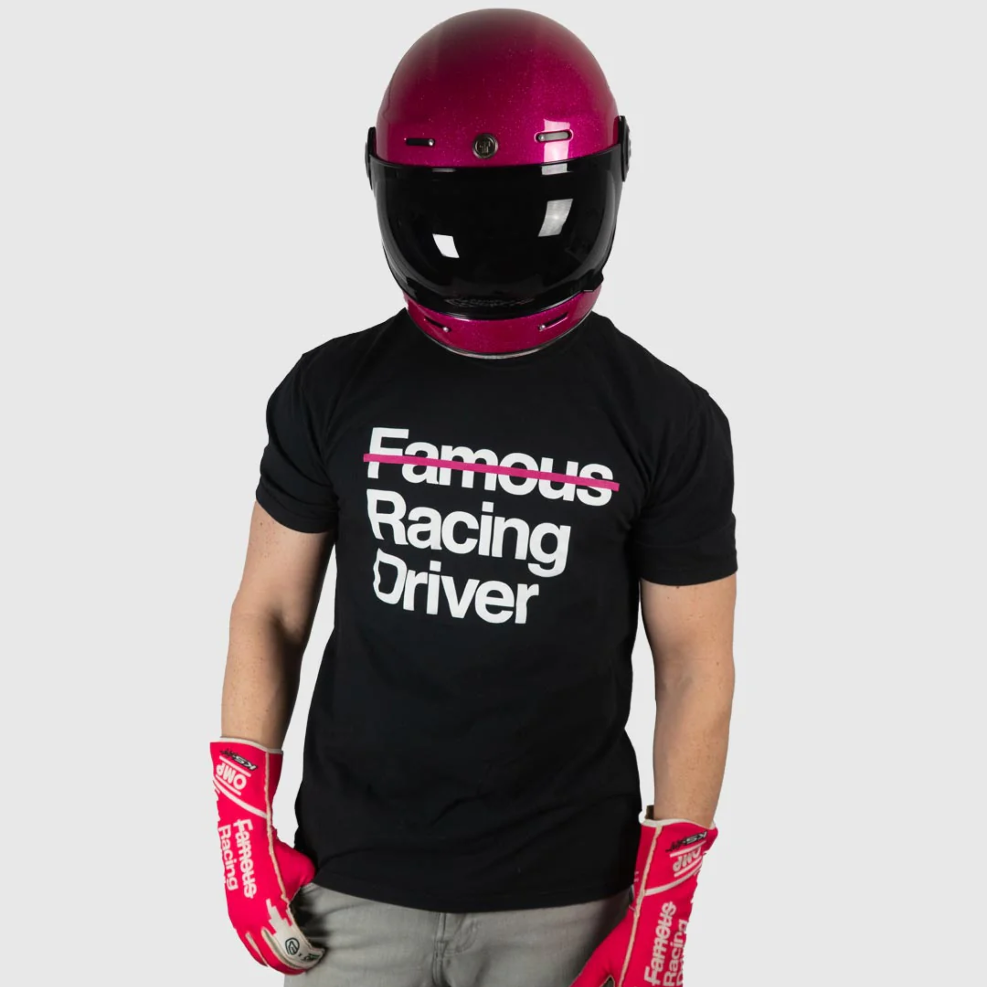 The Not Famous Racing Driver T-Shirt on a model showing the front of the shirt.