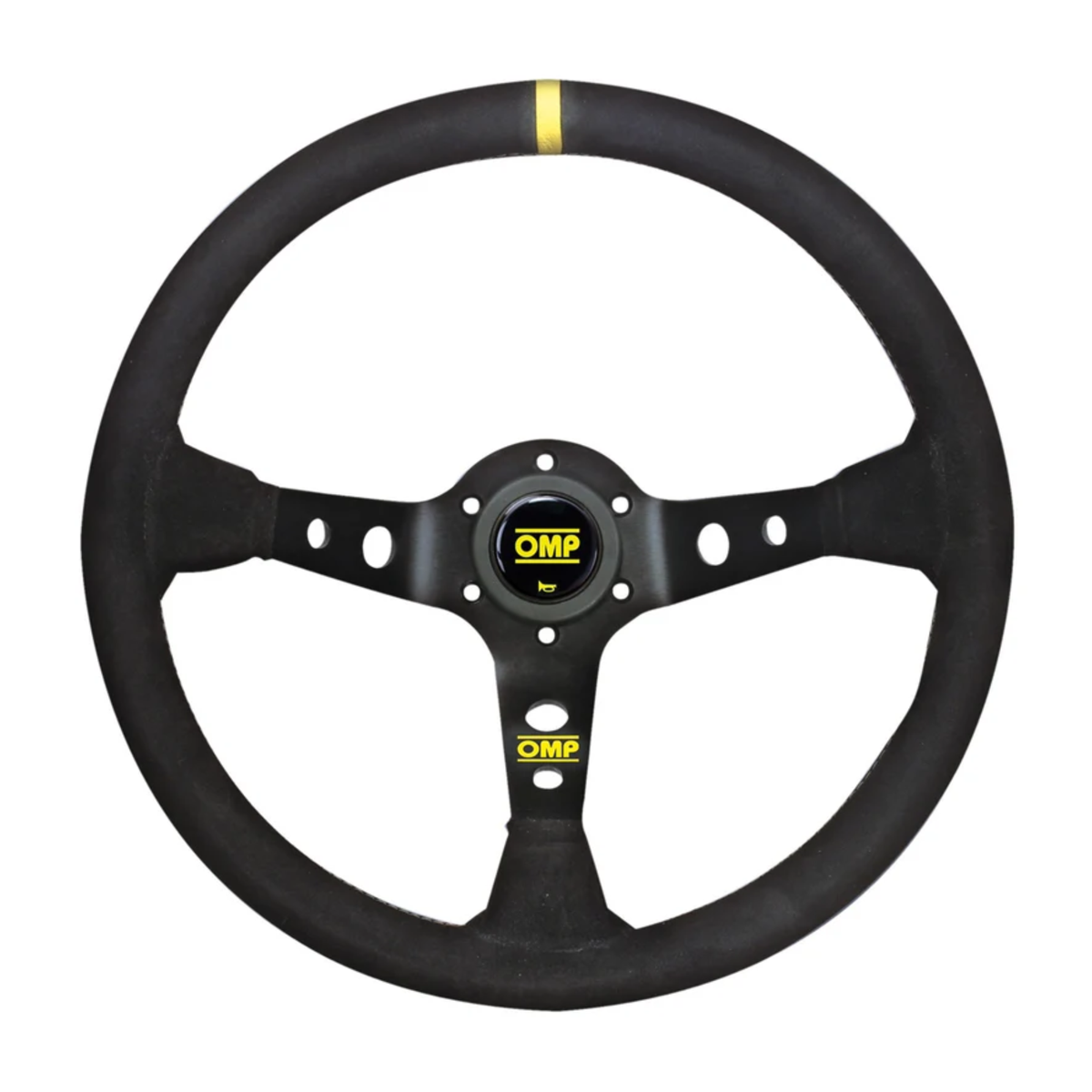 The black suede OMP Corsica Steering Wheel with black spokes.