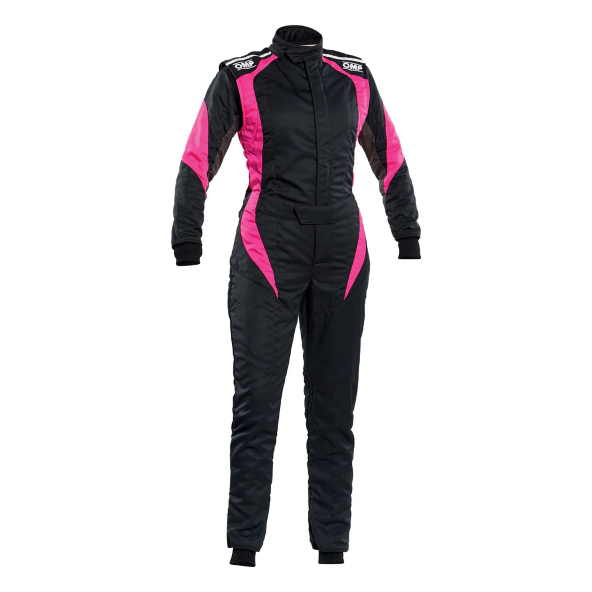 The black and pink OMP First Elle Ladies Racing Suit from OMP.