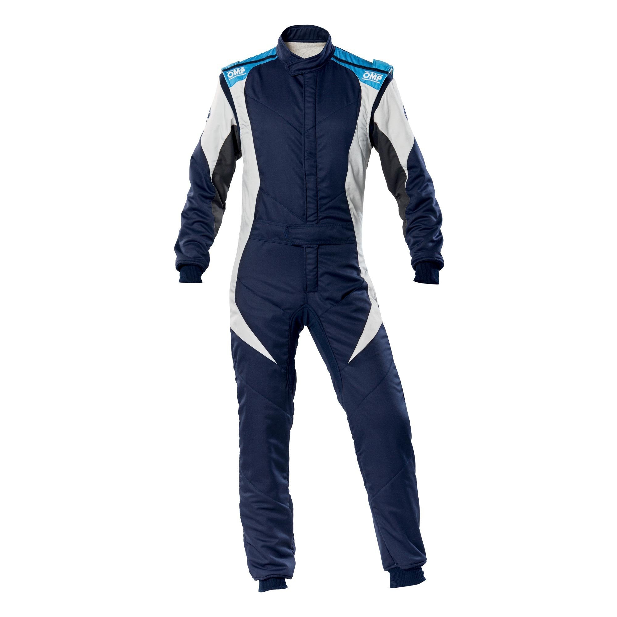 The 2024 model navy, white and cyan OMP First Evo Racing Suit.