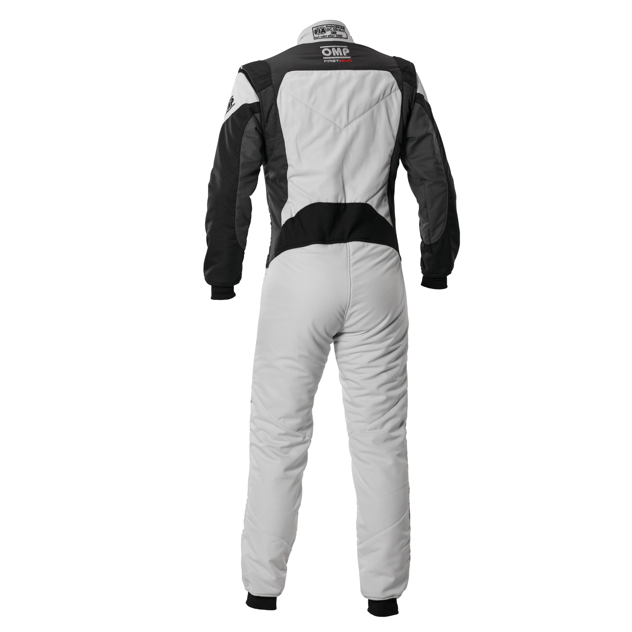The back of the grey and black OMP First Evo Racing Suit.