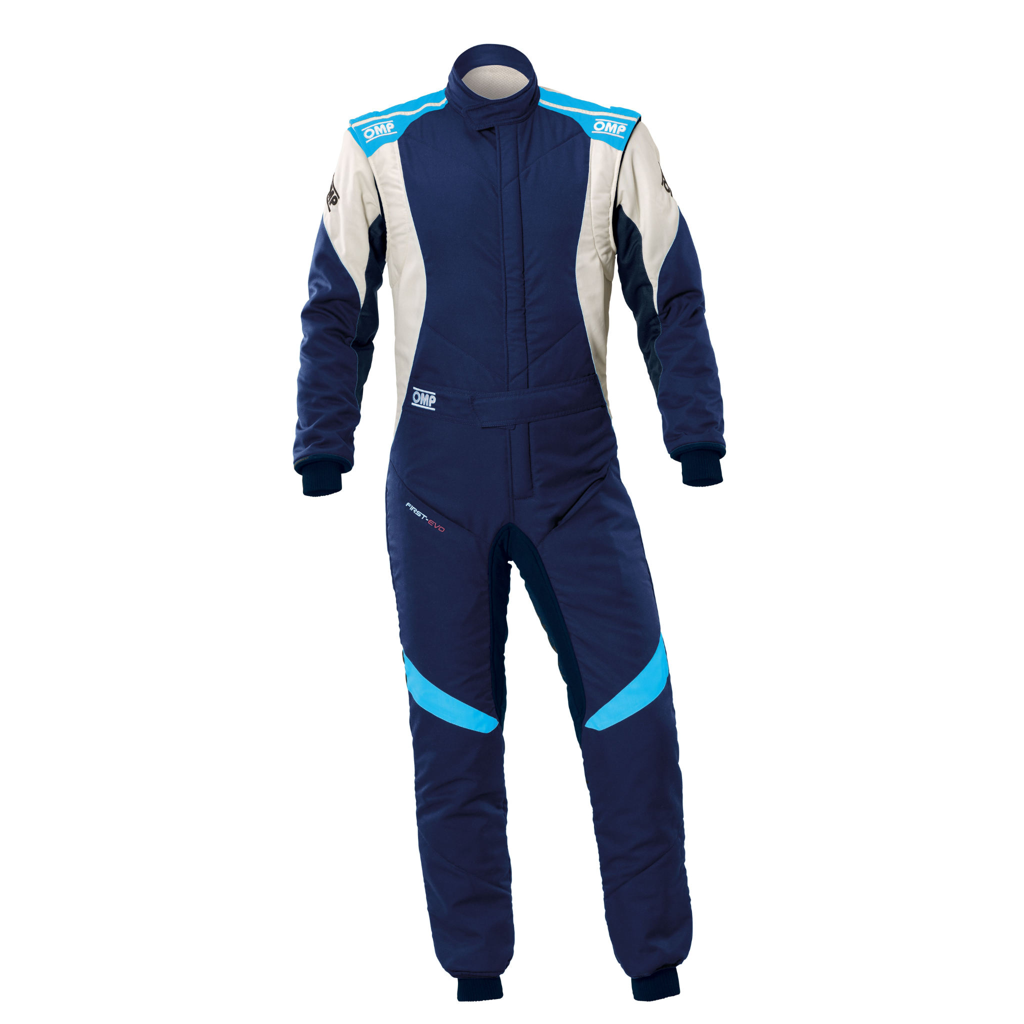 The navy and cyan OMP First Evo Racing Suit.