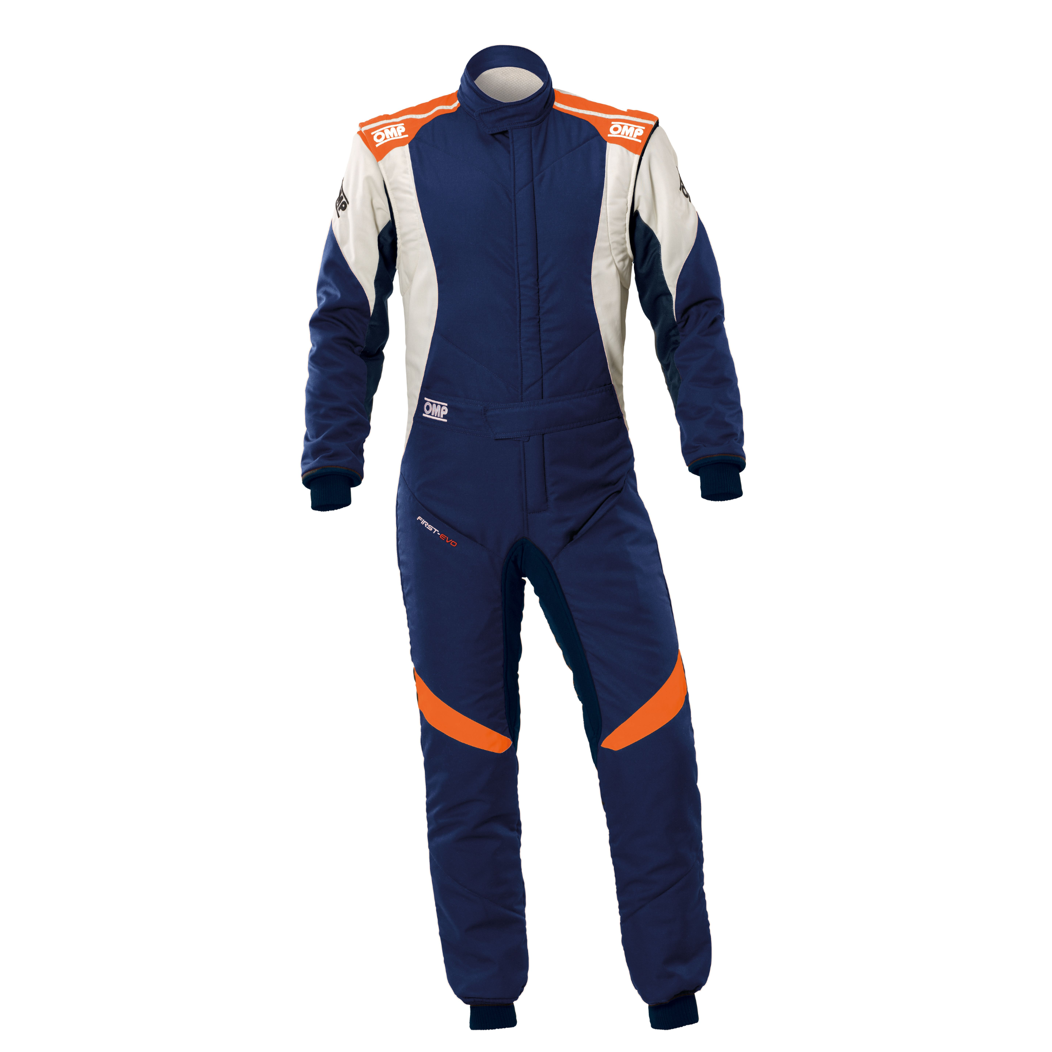 The front of the navy and orange OMP First Evo Racing Suit.