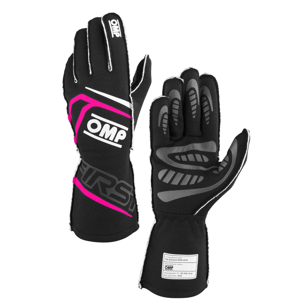 The FIA 8856-2018 homologated black and fuchsia OMP First Fire Resistant Racing Gloves.