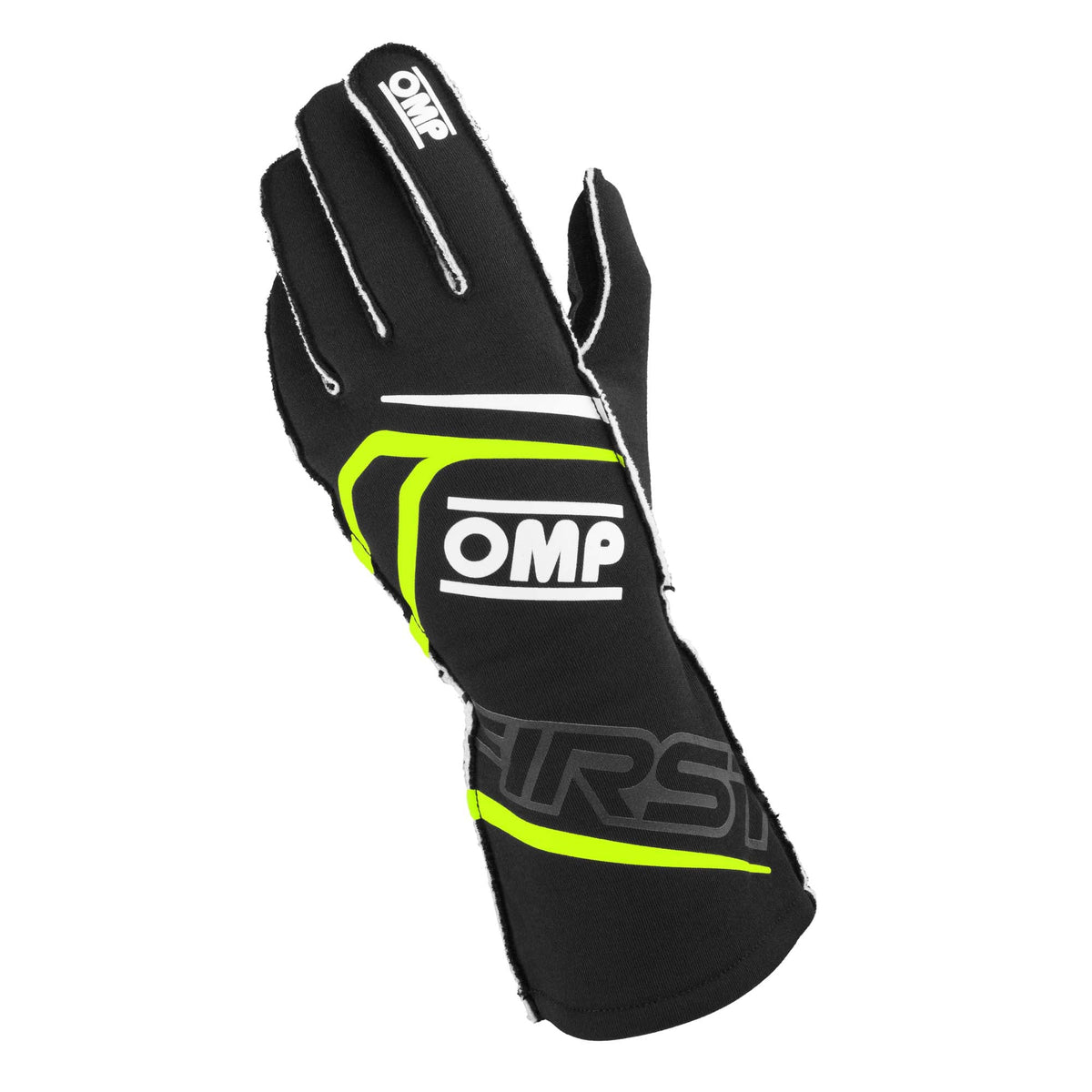 A single FIA 8856-2018 homologated black and yellow OMP First Fire Resistant Racing Glove.